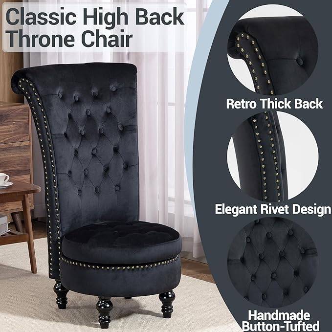 Sillón Trono Alto con Almacenamiento Terciopelo Negro miniatura 4