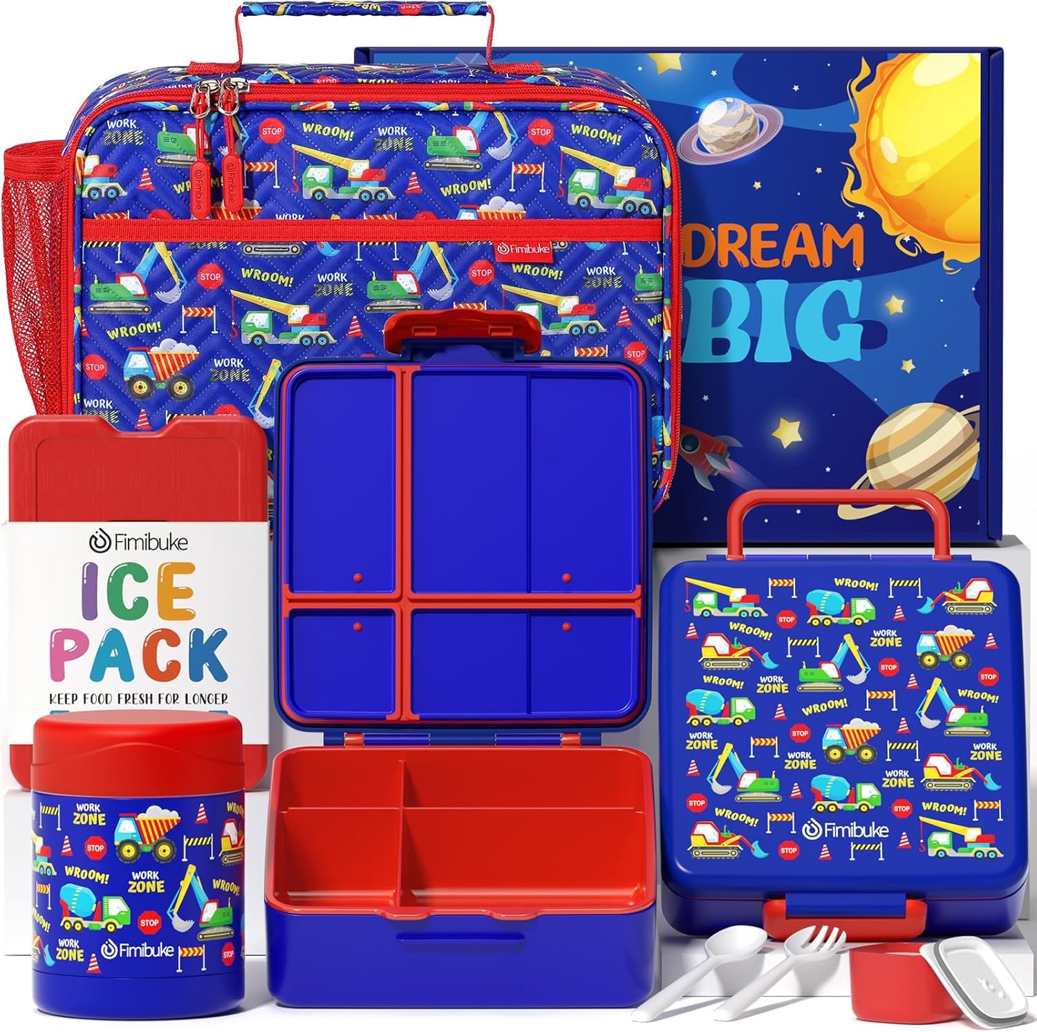 Fimibuke Kids Bento Snack Lunch Box with 4 Compartment, Insulated Bag, Stainless Steel Vacuum Food Jar, Ice Pack, Utensils Set, Birthday Gift for Age 3-12 Back to School Toddler Girl Boy