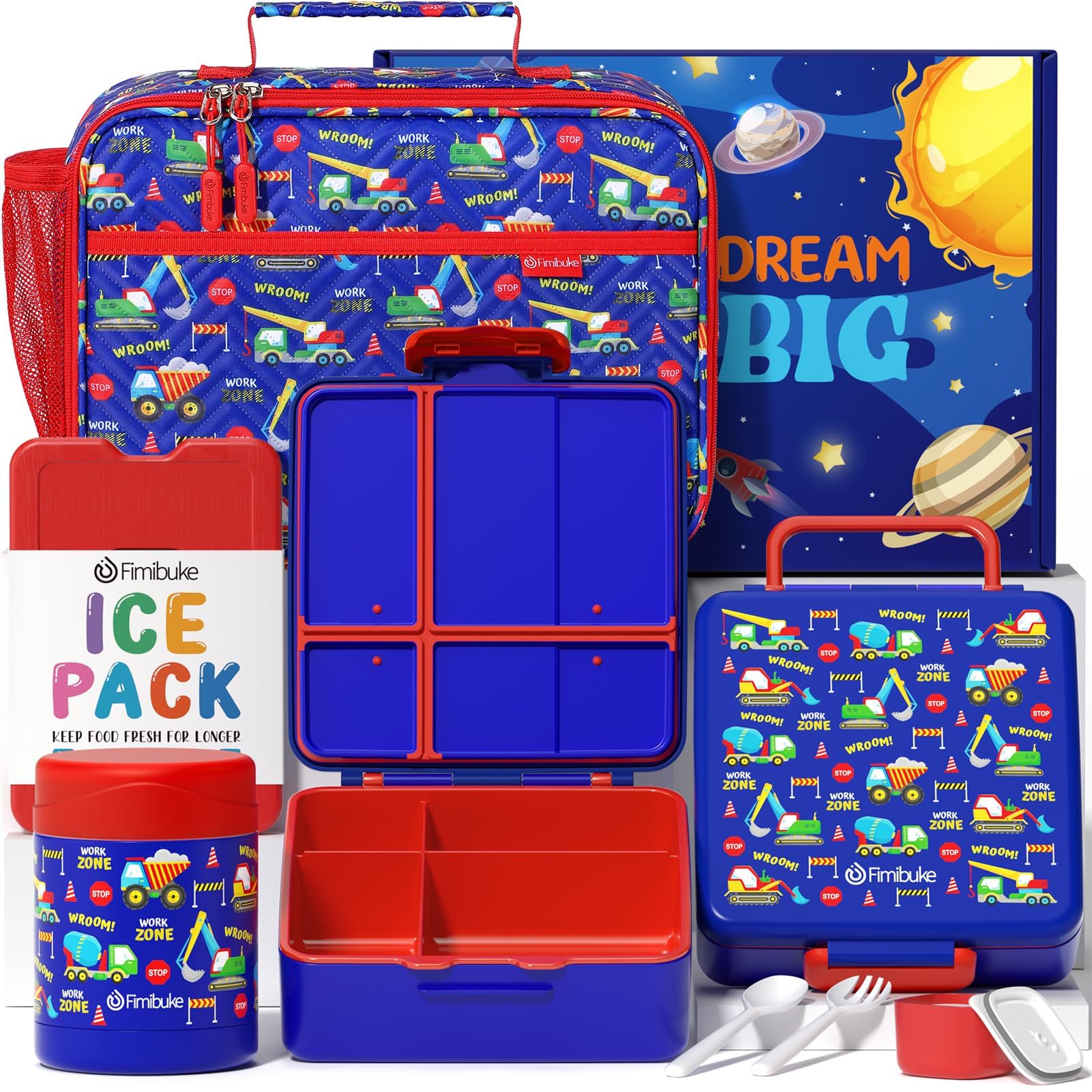 Fimibuke Contenitore per il pranzo Bento per bambini, con 4 scomparti, borsa termica, in acciaio inox, thermos sottovuoto per alimenti, set di utensili, regalo di compleanno per bambini dai 3 ai 12