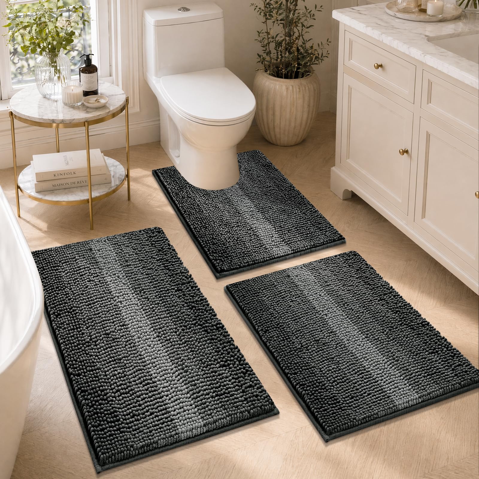 Lot de 3 Tapis de Bain Antidérapants, Super Absorbant l'eau Tapis Salle de Bain et Tapis Toilette Extra Doux Tapis de Douche Lavable pour Salle de Bain, Gris