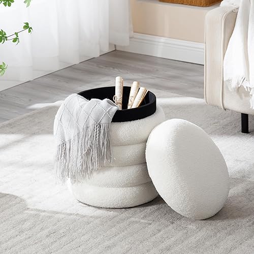 Vista 4 de Reposapiés moderno otomano redondo de almacenamiento de 15 pulgadas con asiento acolchado suave, taburete de tocador para sala de estar, pasillo