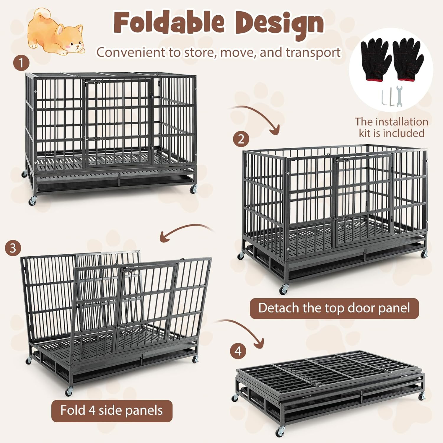 PETSITE 48 Inch Foldable Metal Dog Crate, Heavy Duty Dog Cage with 2 Lockable Doors, Removable Tray, Lockable Universal Wheels, Indoor Outdoor Dog Kennel for Medium Large Sized Dogs (Extra Large)