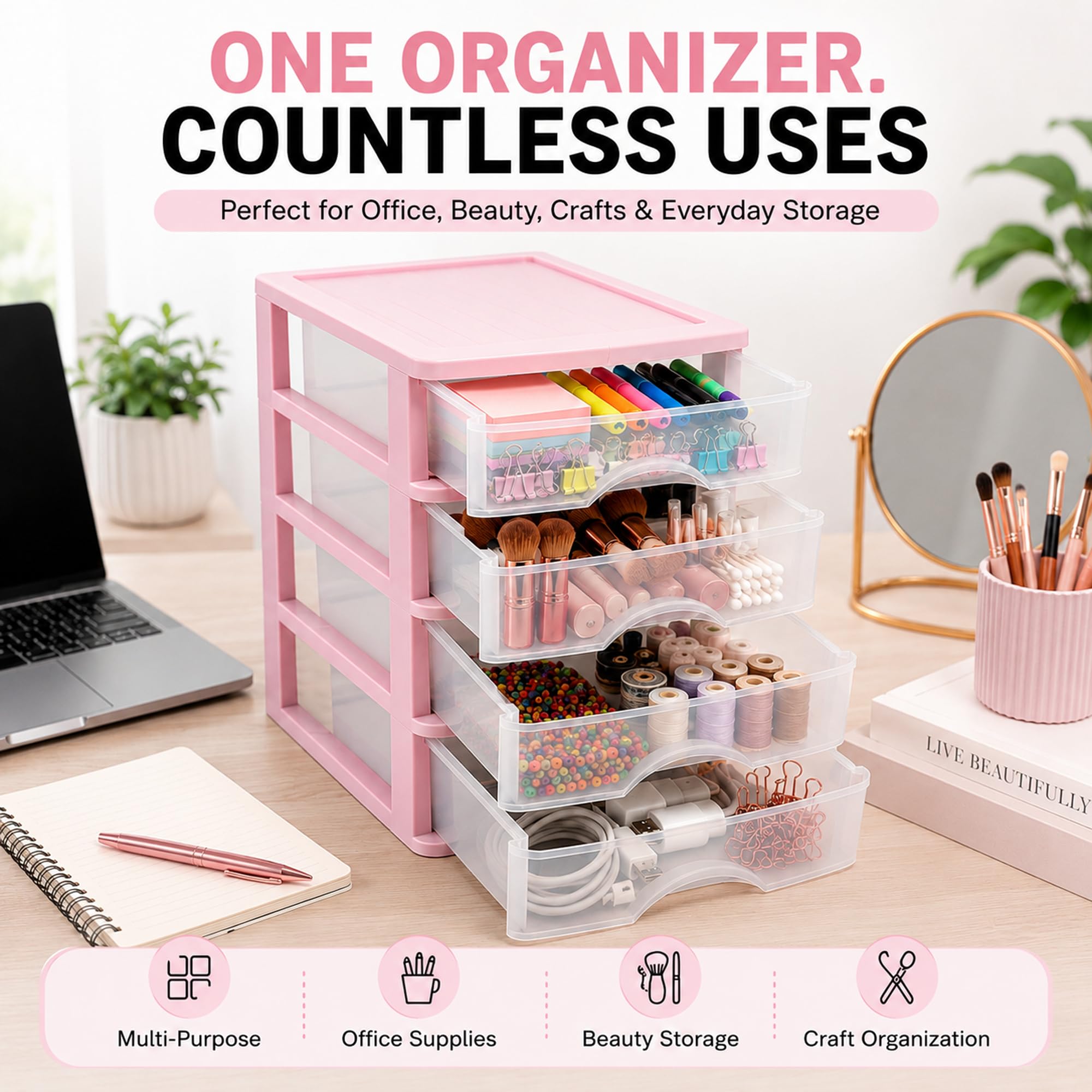 PLASTIFIC unità di Archiviazione da Tavolo in Plastica con Cassetti, unità di Torre di Archiviazione per Ufficio Camera da Letto Garage (Rosa con 4 Cassetti Trasparenti, 35,5 X 27 X 35 Cm)