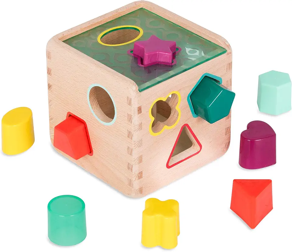 B. toys – Wonder Cube– Developmental Toy– Wooden Shape Sorter Cube – 9 Colorful Shapes – Educational Wooden Toy for Toddlers, Kids – 18+ Months