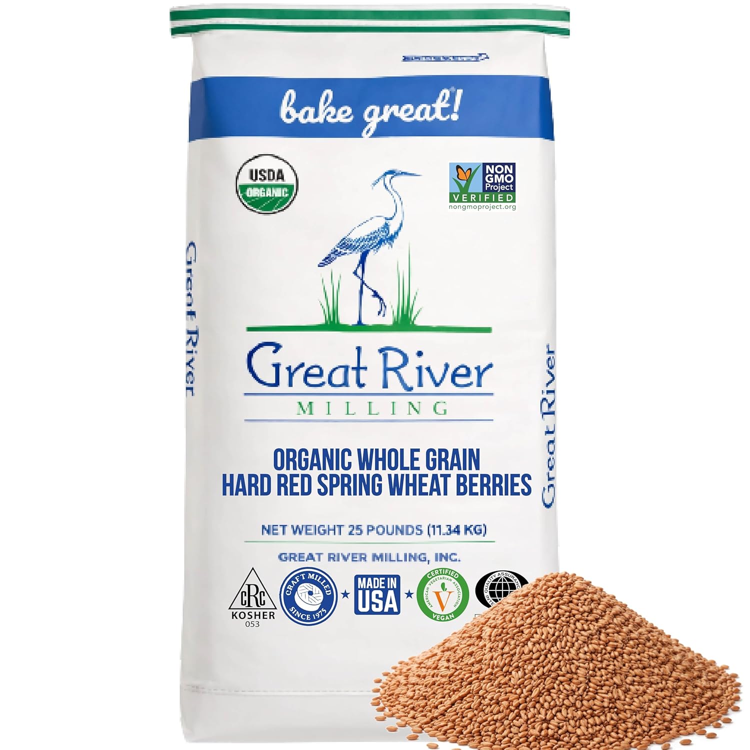 Great River Milling Organic Whole Grain Hard Red Spring Wheat Berries | Hard Red Whole Wheat | High Protein & Gluten | Non-GMO & Kosher | Perfect For Wheat Bread, Salad, Pilaf, Bagels & More | 25 Lb