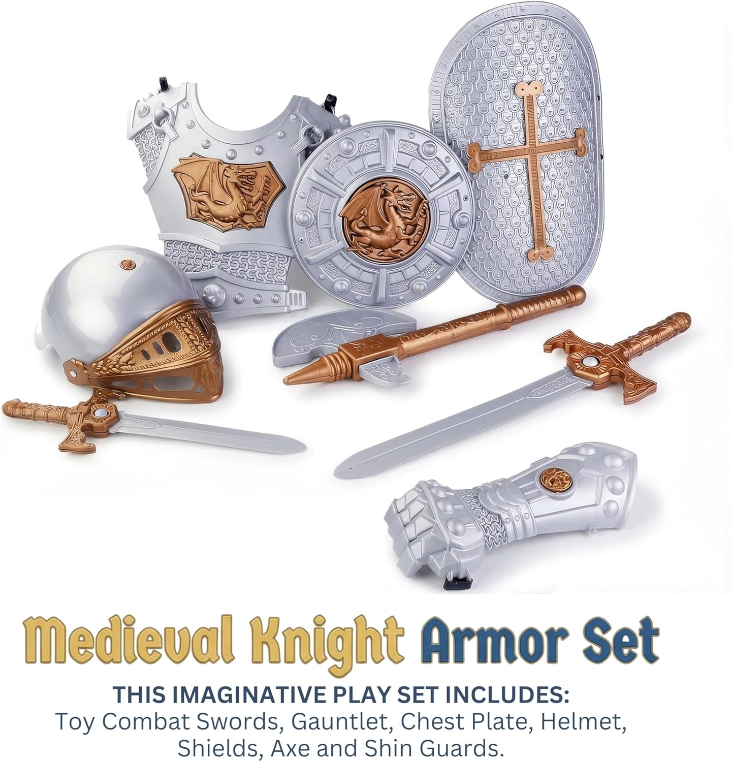 Liberty Imports Medieval Knight in Shining Armor, Kids Crusader Pretend Role Play Plastic Costume Dress Up Cosplay with Toy Swords, Axe, Shield, Weapons & Accessories Playset