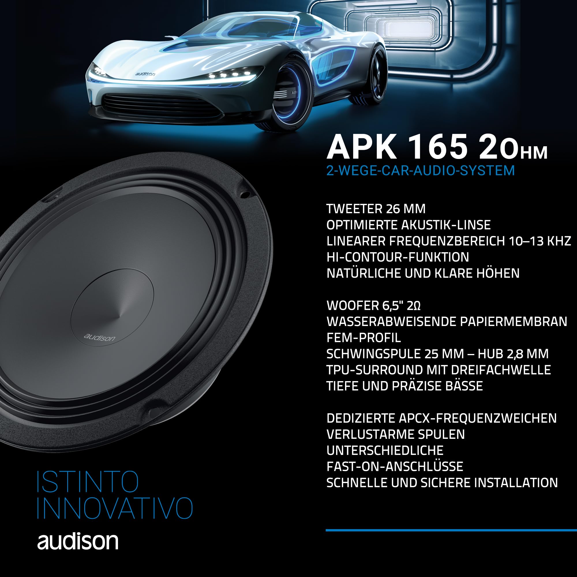 Audison APK 165 2-Wege-Komponentensystem, 165 mm Tieftöner und Hochtöner mit Frequenzweichen, 300 W Peak, 2 Ohm, 50 Hz bis 20 kHz Frequenzgang, Schwarz