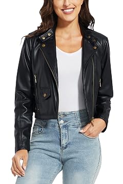 Fahsyee Womens Faux Leather Jackets Zip Up Motorcycle Short PU Moto Biker Outwear Fitted Slim Coat