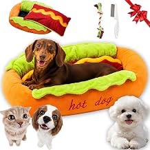 Hot Dog Dog Bed, Playful Hot Dog Bun Design, Soft Plush Comfort Material, Secure Non-Slip Base, Washable Cover, Hot Dog Bed for Dachshund, Cats XS-19.6 * 13.7 * 6.2in