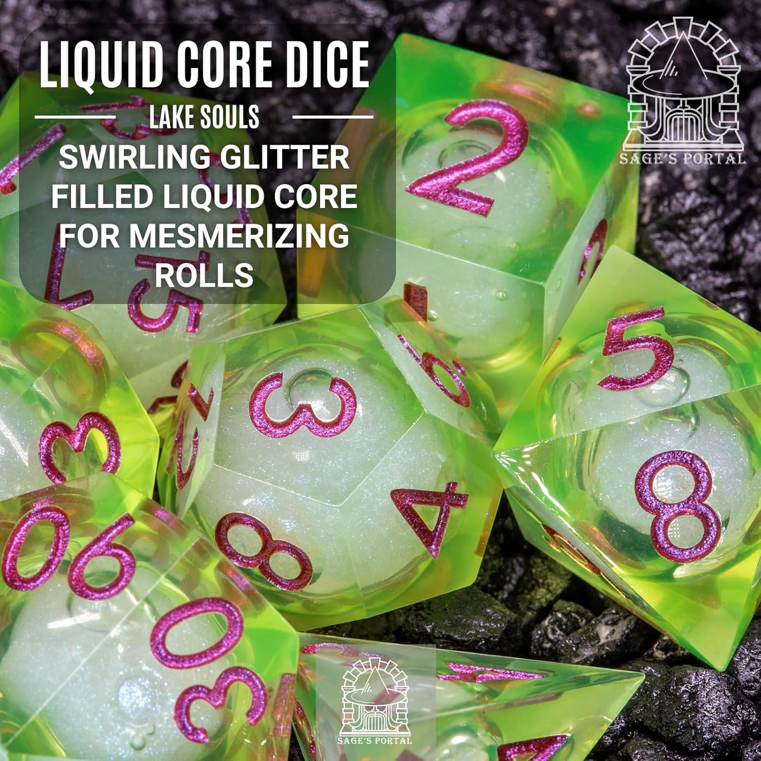 Sage's Portal Designer Liquid Core 7-PC Sharp Edge Resin Polyhedral DND Dice Set for Dungeons and Dragons Sage’s Souls Dice RPG Tabletop TTRPG (Lake Souls)
