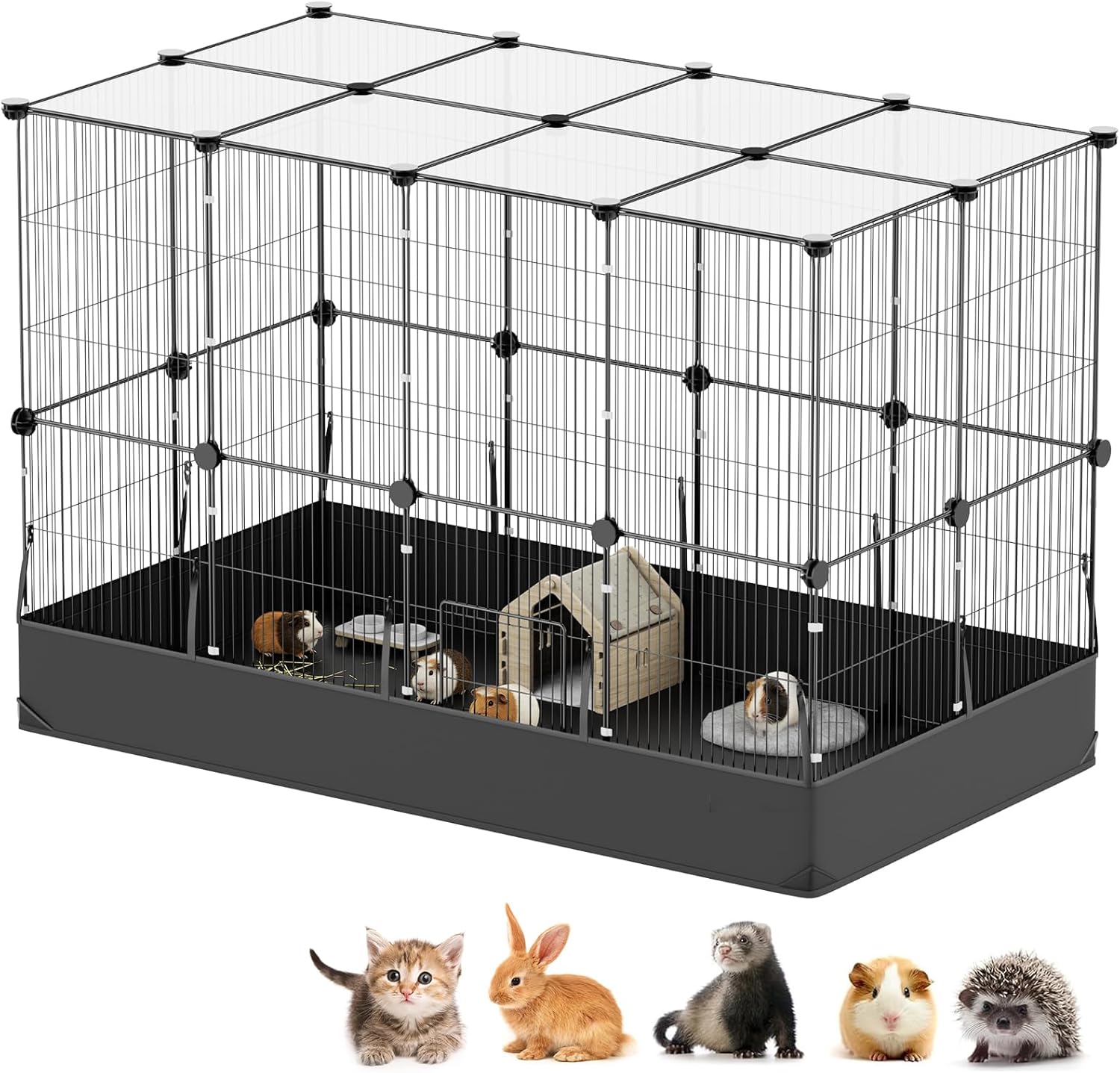 Tresbro Guinea Pig Cage with Waterproof PVC Bottom Liner & One-Hand Release Hook, Triple Fixing C&C Cage for Guinea Pigs, Bunny, Rabbit, Hedgehog, Small Animal Indoor Playpen 48''L x 24''W x 31.5''H