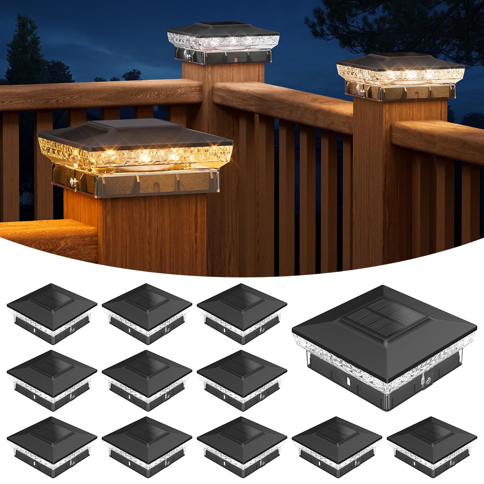 APONUO Solar Post Cap Lights for 4x4 Wood &Vinyl Posts, 3 Light Modes & 800mAh Battery, IP65 Waterproof Rugged Unibody, Solar Outdoor Lights for Fence, Deck & Patio (Black, 12 Pack)
