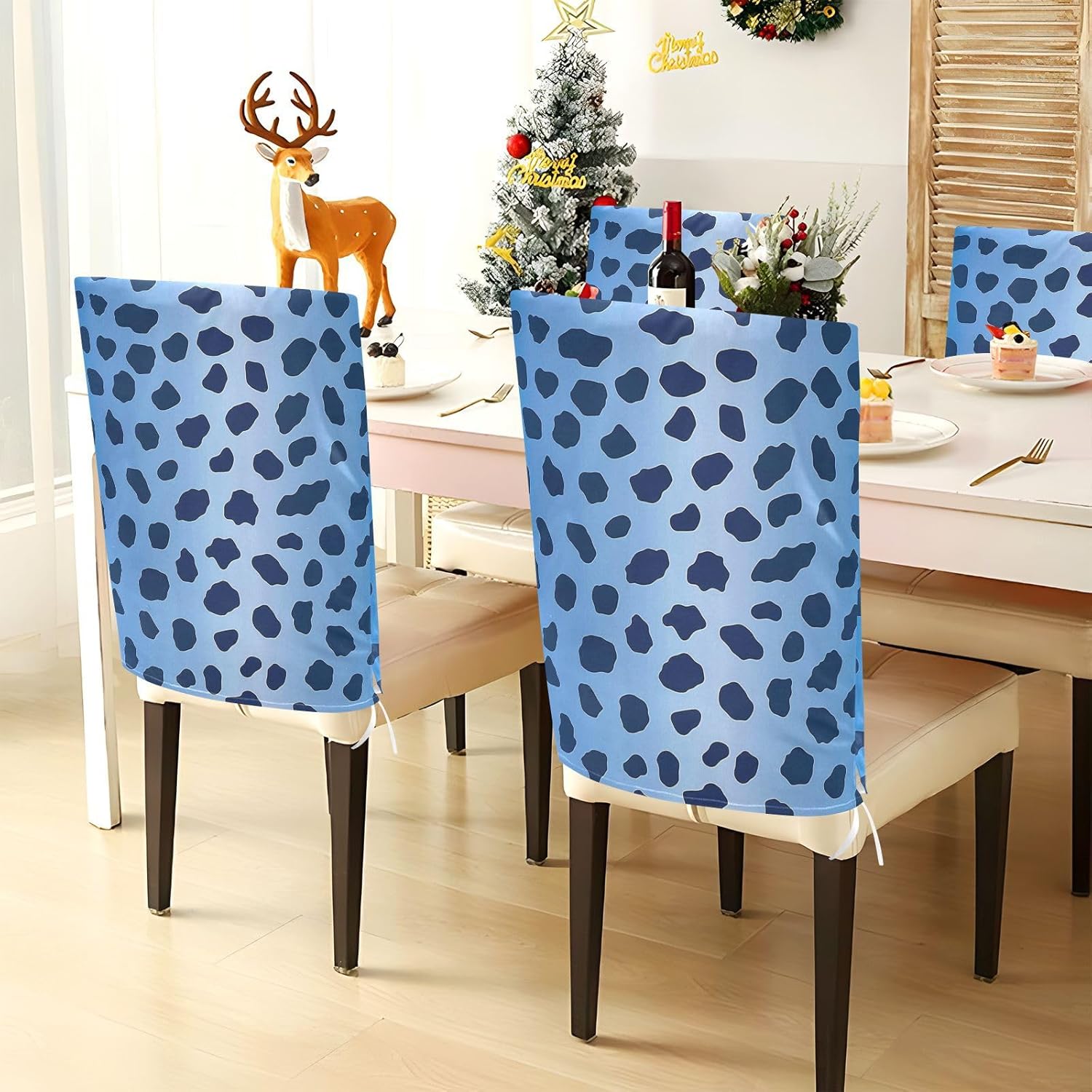 ALAZA Leopard Spots Blue Chair Back Cover Set of 6, Washable Reusable Removable Chair Slipcovers Decorative Chair Cover for Home Kitchen Wedding Party
