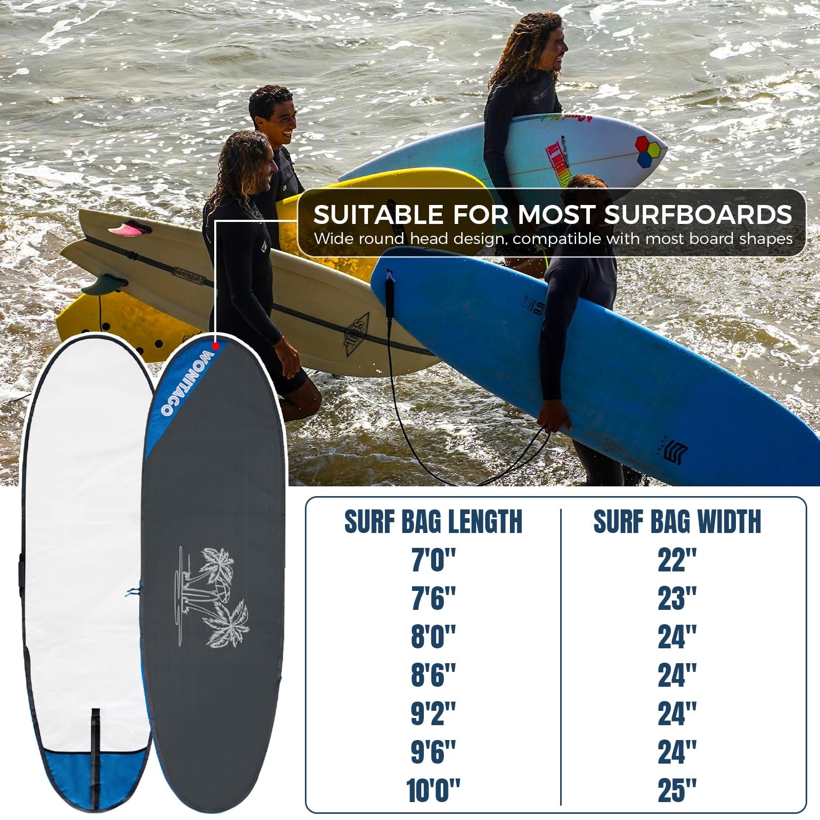 Surfboard Bag Day Shortboard und Longboard Cover verschleißfest und leicht - Größe 6'0, 6'6, 7'0, 7'6, 8'0, 8'6, 9'2, 9'6, 10'0
