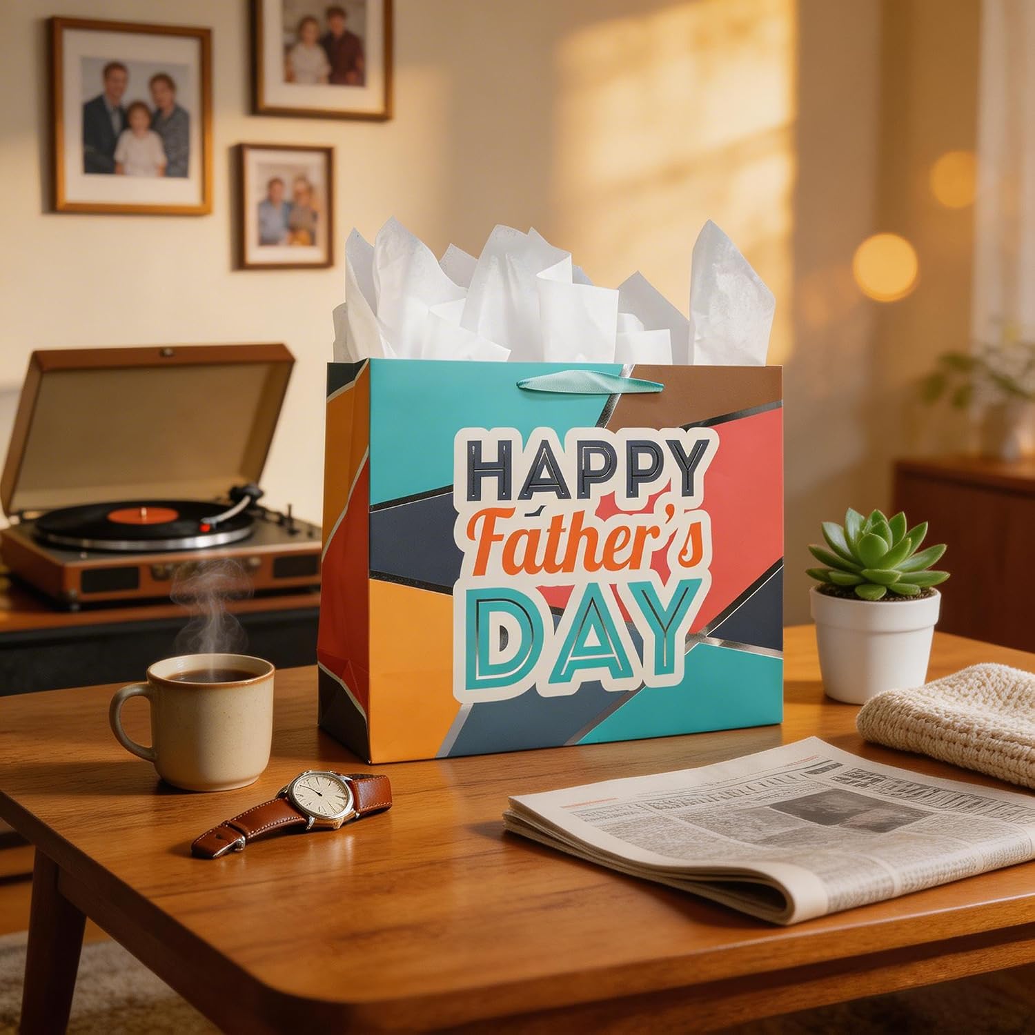 Bobobag 16" Large Gift Bag,Happy Fathers Day Gift Bag with Tissue Paper and Handles and Greeting Card for Man,Dad image 4