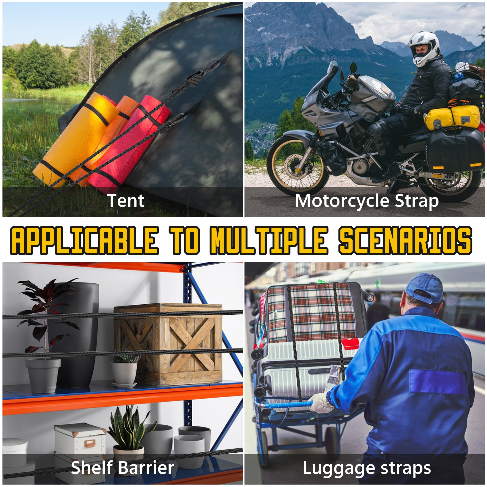 Lot de 12 tendeurs à bagages avec crochets réglables de 122 cm et mousquetons, noirs, 100 % latex, pour voile d'ombrage, tarpaulins, jardin, vélo, voiture, charge