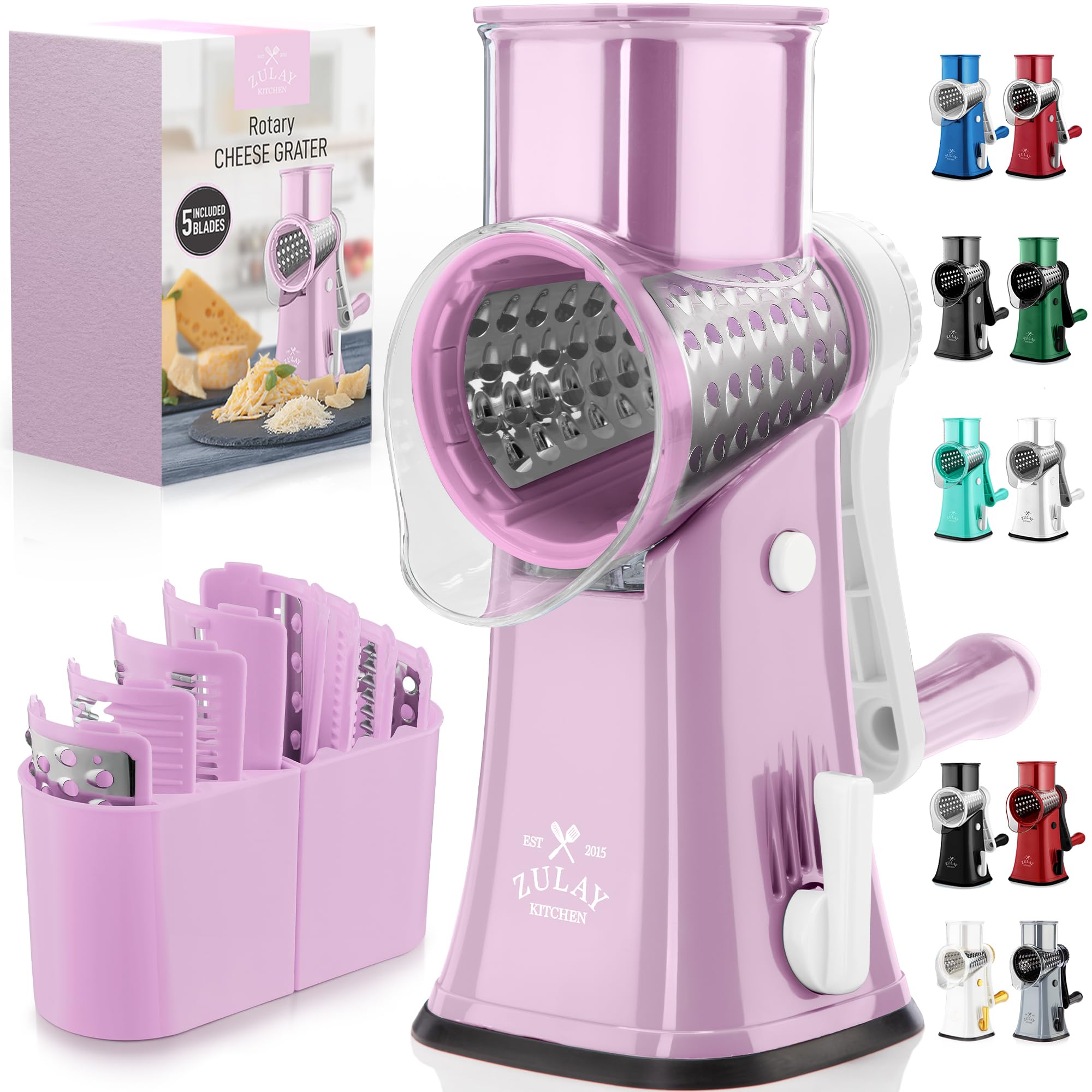 Rotary Cheese Grater Manual Hand Crank 5 Blade Shredder, Lilac &amp; White