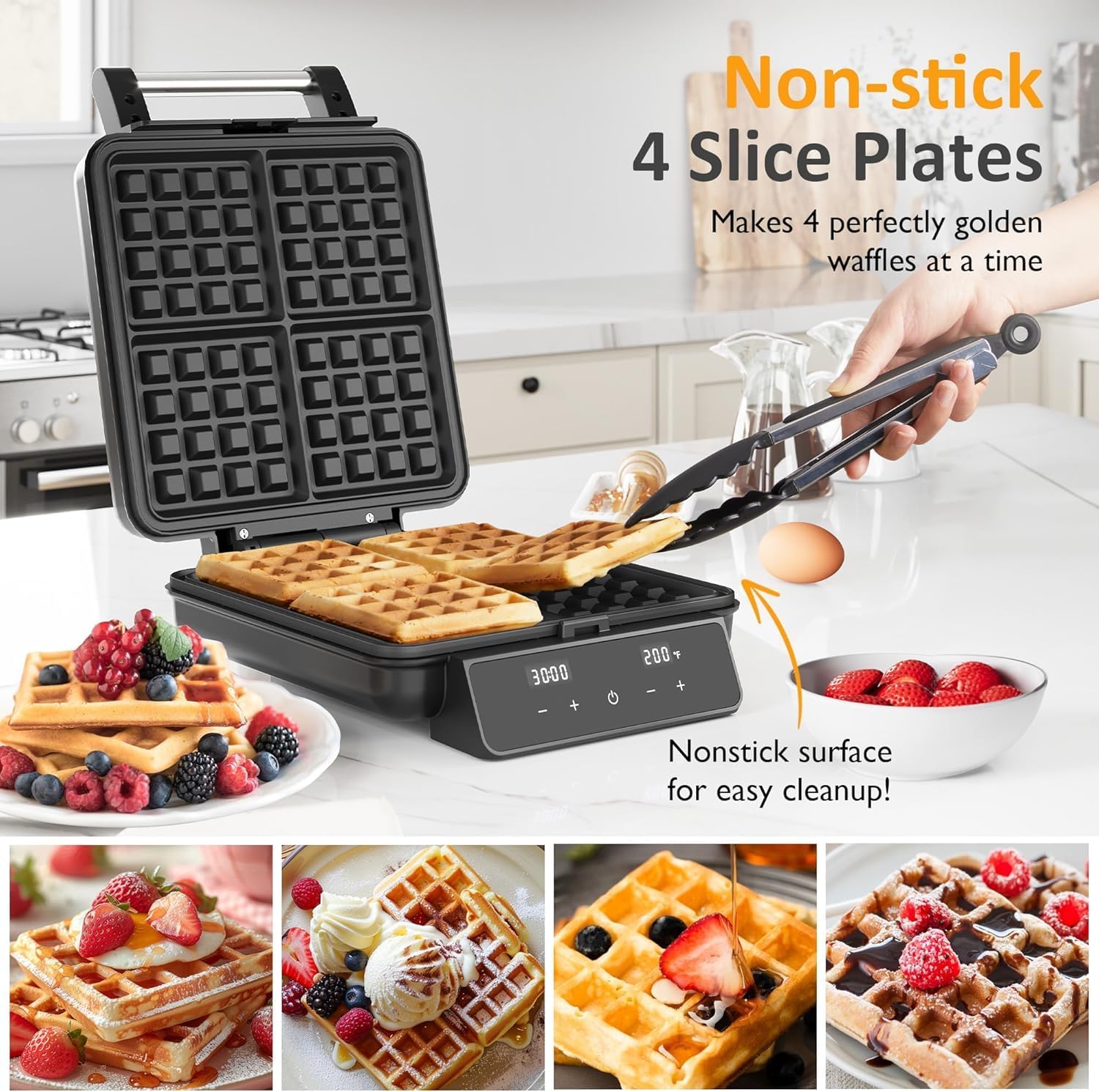 4-Slice Waffle Maker with Nonstick Surface, 1200W Waffle Iron, Time & Temperature Control, LCD Display, Perfect Waffle Maker for Kids and Families, Stainless Steel, Silver