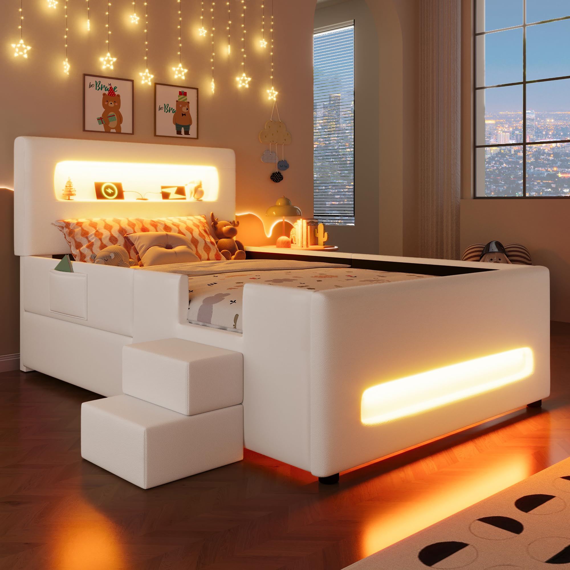 Tapicerowane łóżko platformowe 90 x 200 cm, białe, z szufladami LED, schody, USB