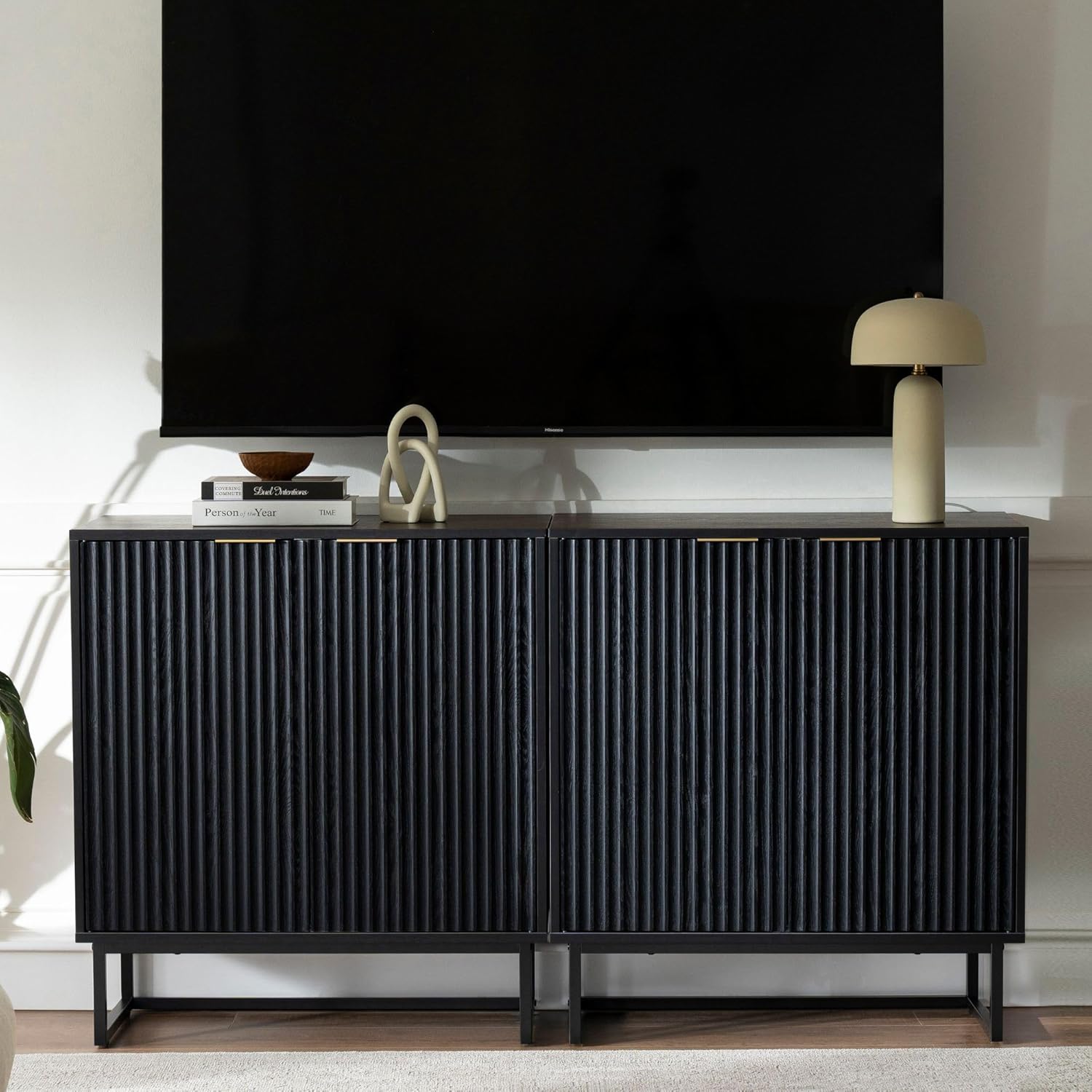 EYYTHUNG Fluted Cabinets with Storage Set of 2, Sideboard Buffet Cabinet with Adjustable Shelves, Modern Accent Console Table for Living Room Entryway, Black