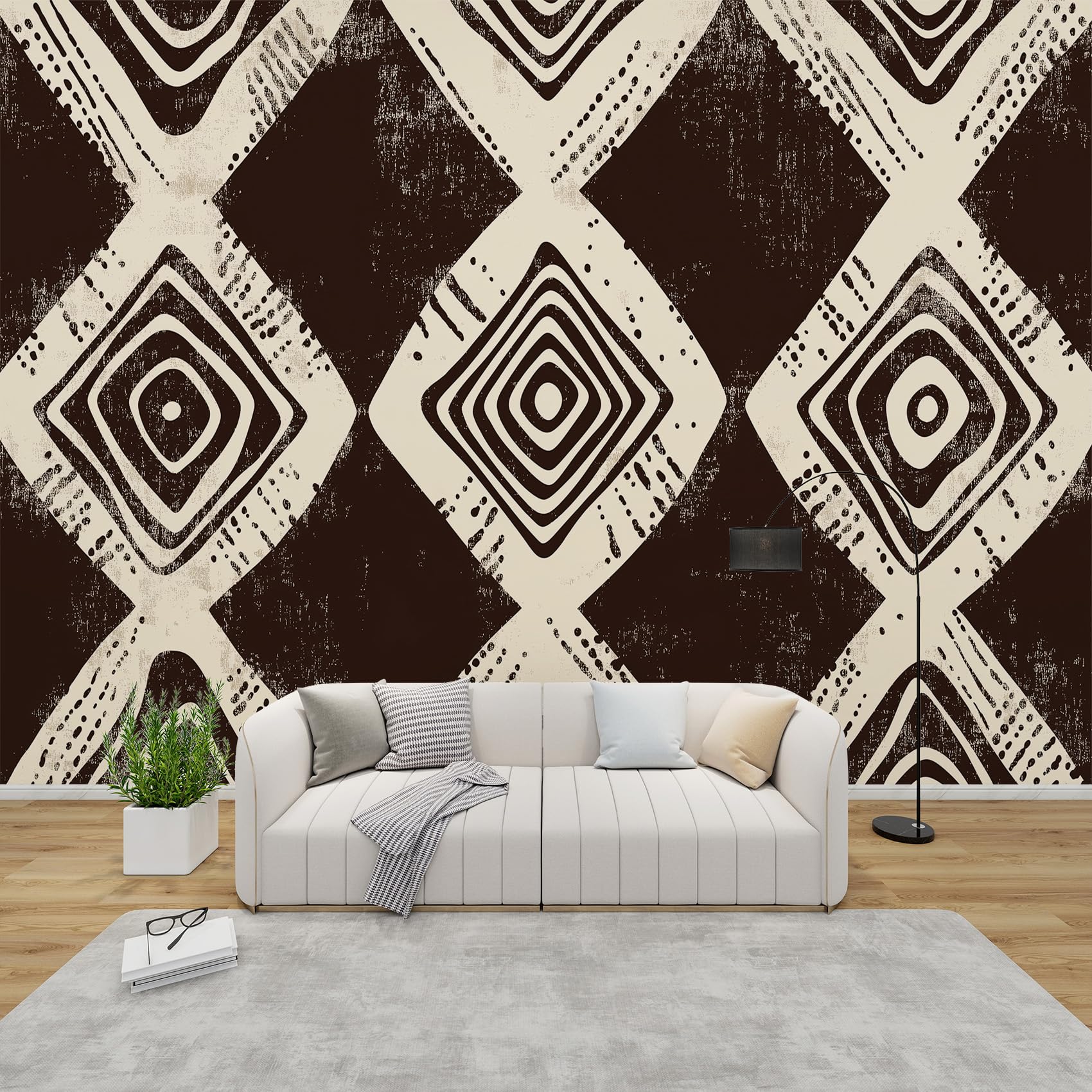 QEODAH Boho Geometric Mural Wallpaper for Living Room, Tribal African Wall Art for Bedroom, Abstract Wall Murals for Bedrooms, Renter Friendly Removable Waterproof Photo Wallpaper 3D, 300x210 cm