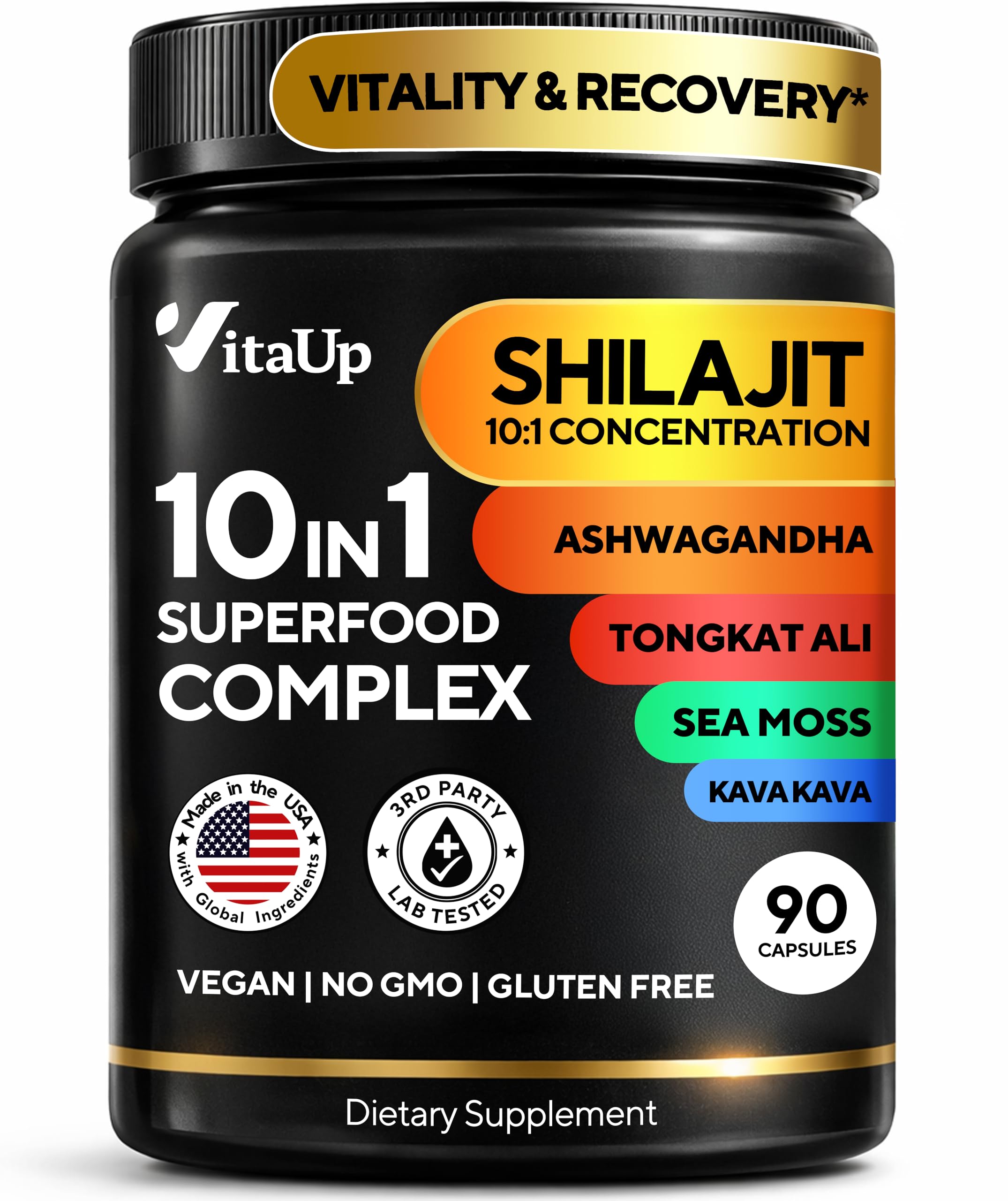 Shilajit Capsules 10 in 1 with Kava Kava - USA Made Himalayan Shilajit for Men with Tongkat Ali, Ashwagandha, Kava Kava for Energy & Immunity Support - 90 Capsules