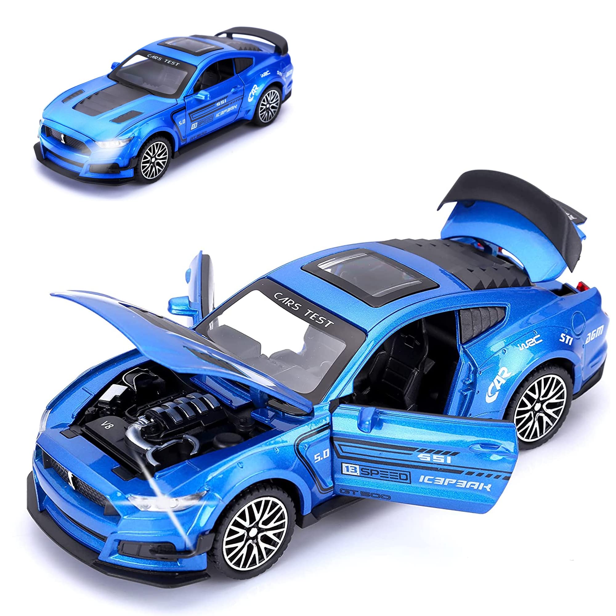 swift GT-500 Mustang Diecast Alloy Model 1:32 Toy Car with Sound & Light Pull Back Vehicle Toy Four Open Door Phantom Car for Kids Adults (Blue)