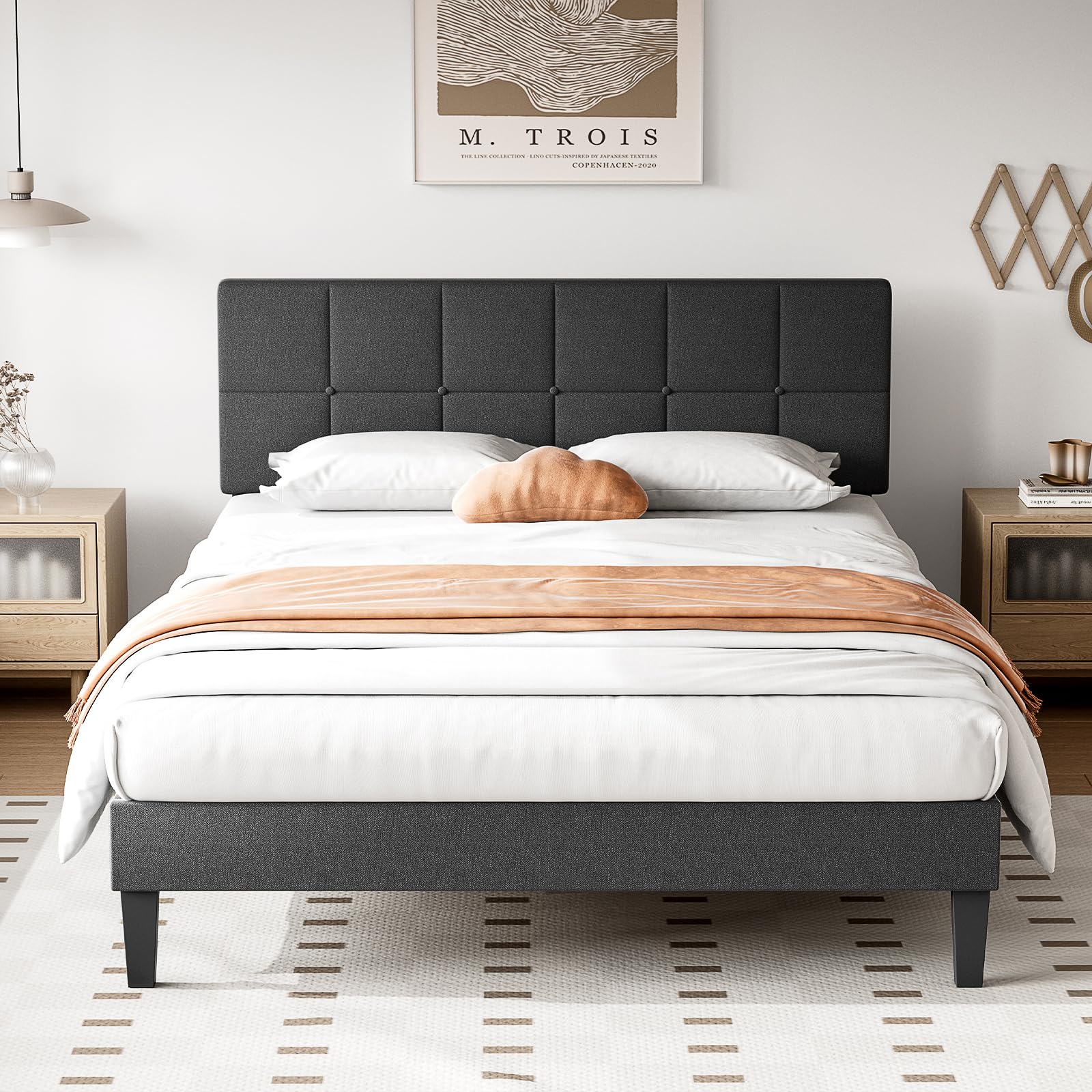 Sweetcrispy Full Platform Bed Frame with Headboard, No Box Spring Needed, Linen Upholstered Bed Frame with Wood Slats Support, Noise Free, Perfect for a Peaceful Night's Sleep, Dark Grey