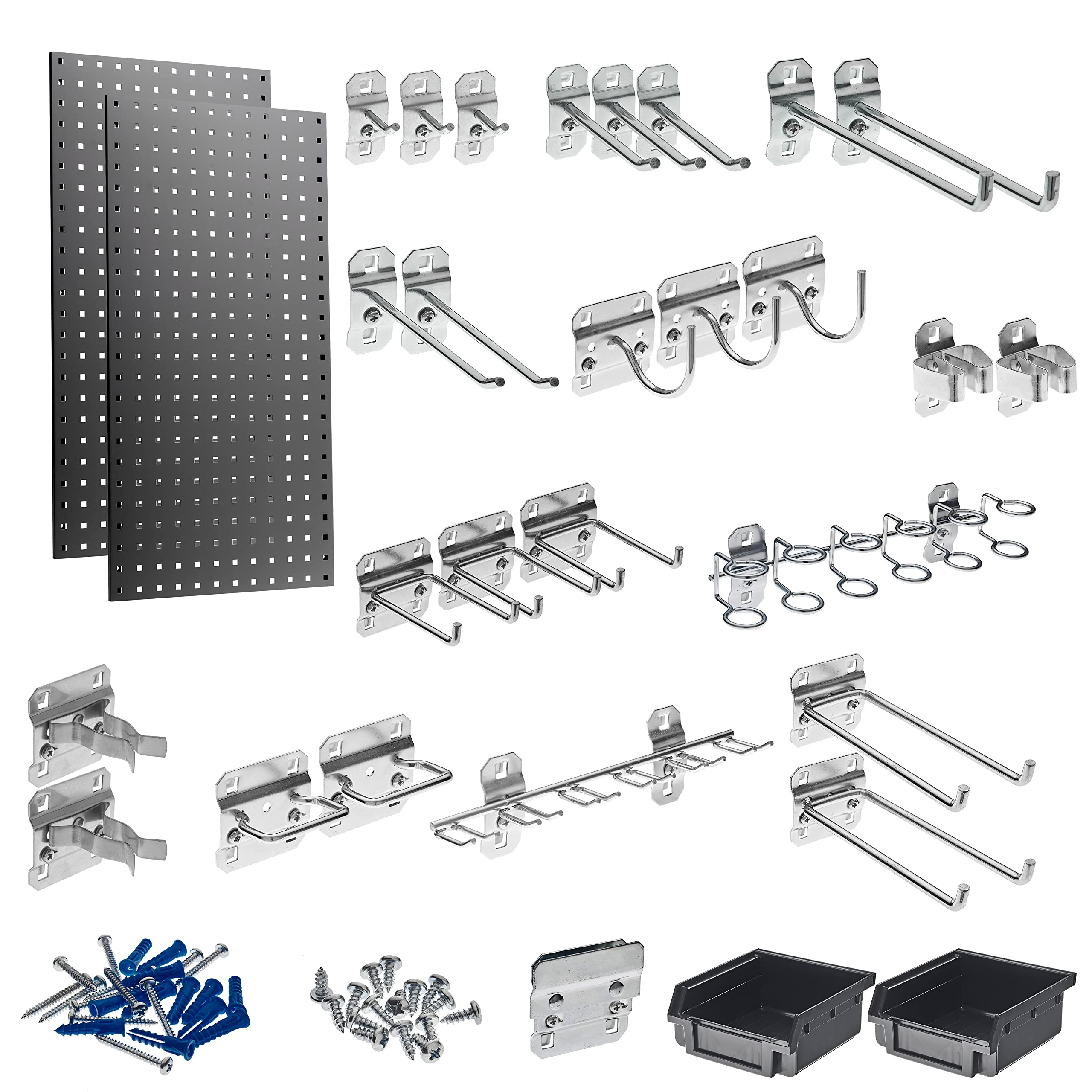 (2) 18 In. W x 36 In. H x 9/16 In. D Gray Steel Square Hole Pegboards with 30 pc. LocHook Assortment & Hanging Bin System
