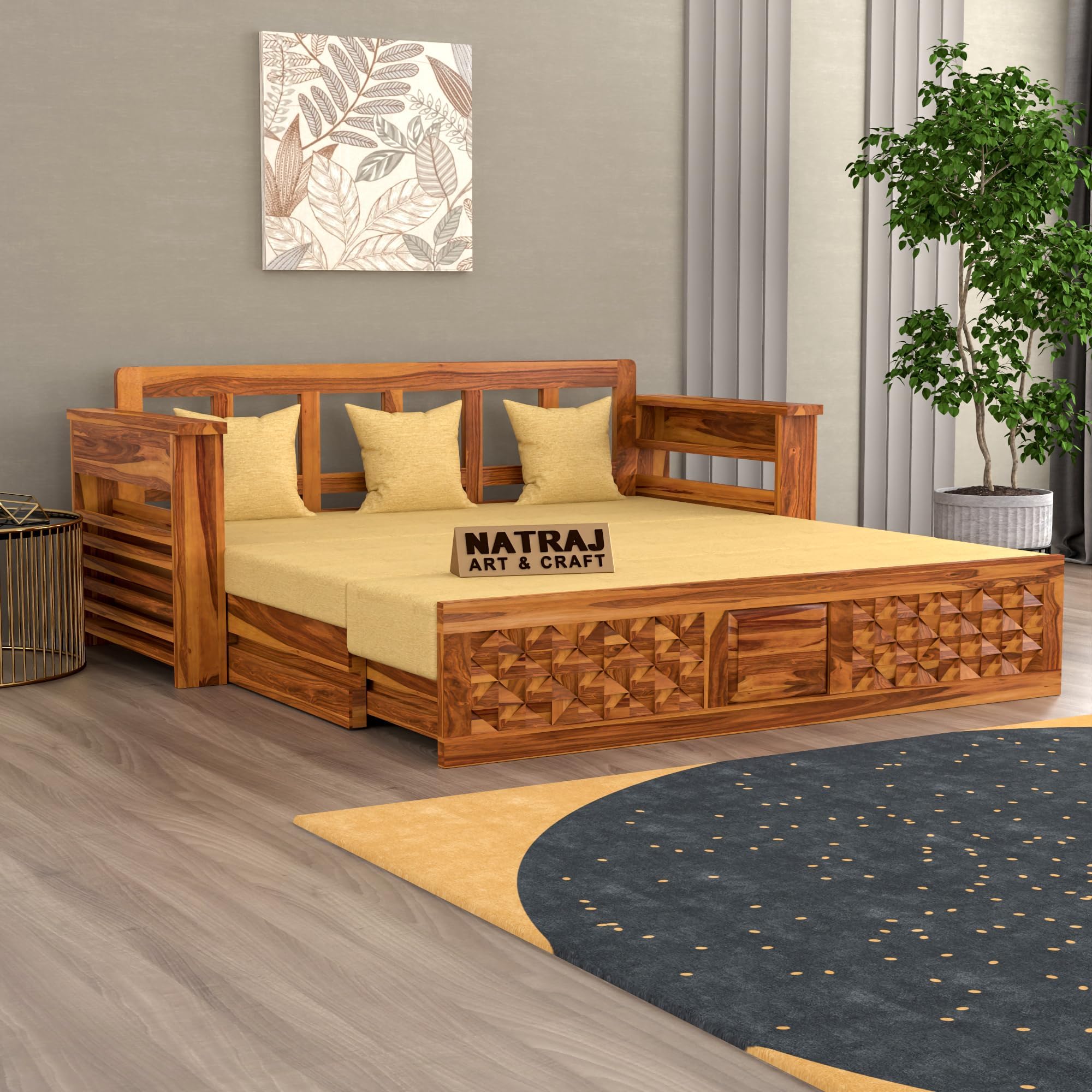 NATRAJ ART & CRAFT Solid Sheesham Wooden Sofa Cums Bed with Mattress for Living Room | Rosewood 3 Seater Sofa Cums Bed for Bedroom Without Pillow (Natural,Florex, 3 Seater)