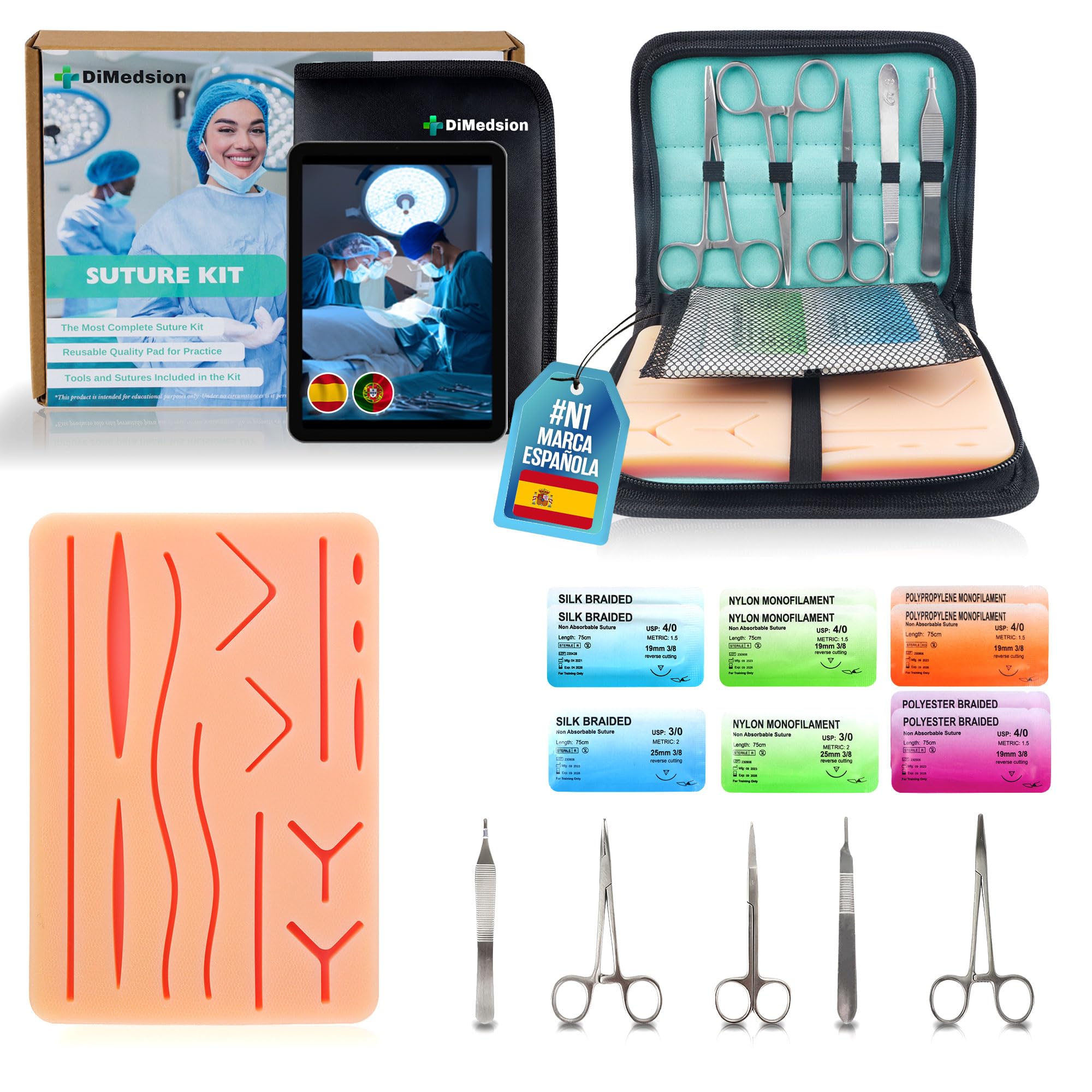 Kit de sutura con almohadilla realista | Kit suturas quirurgicas completo, kit sutura enfermeria, kit de sutura quirurgica para practicar, kit suturas para estudiantes, suturas quirúrgicas