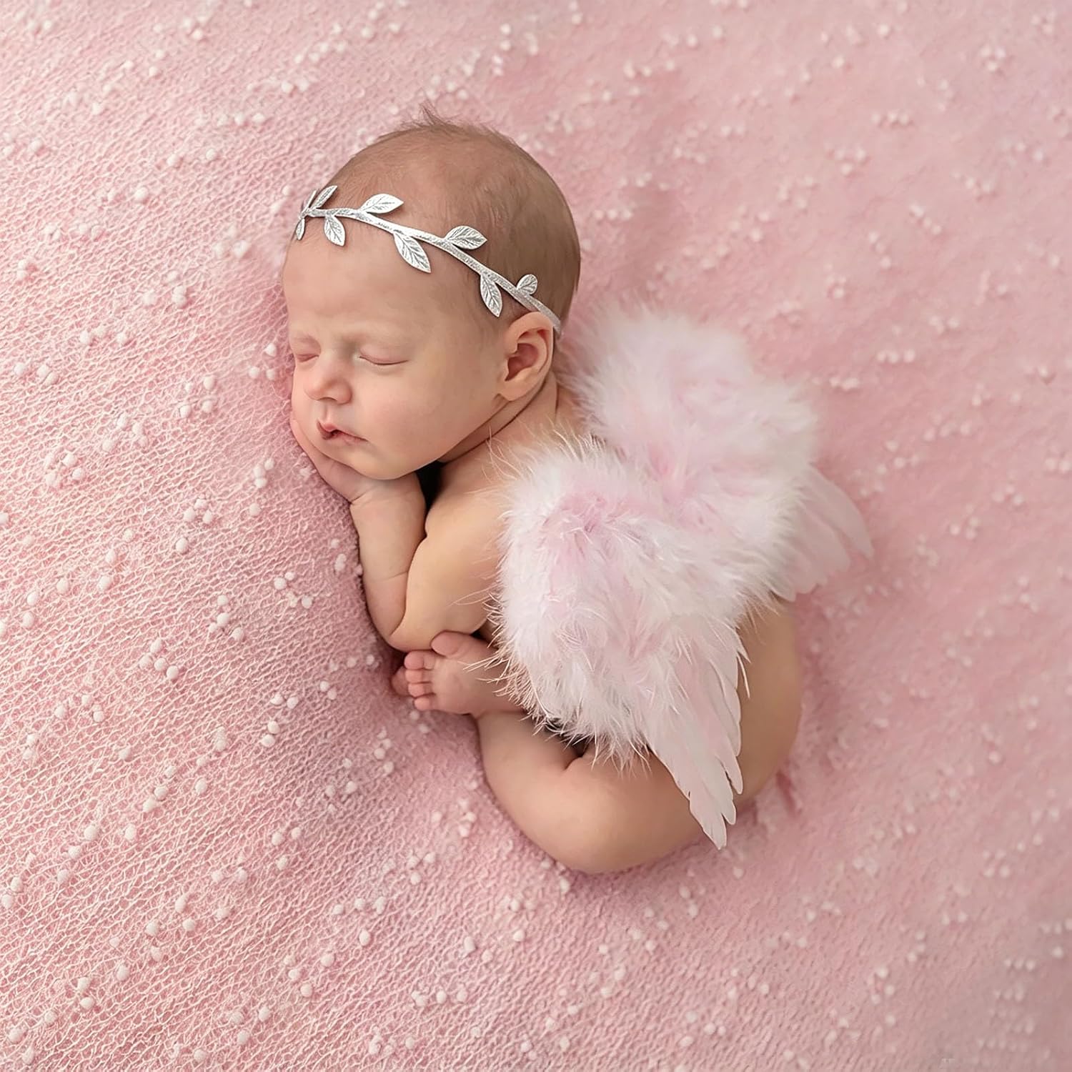 Pink Angel Wings With Leaf Headband For Newborn Infant Photo Props Soft Feather Wings For Kids Photo Outfits Baby Girls Costume(Color G, One Size)