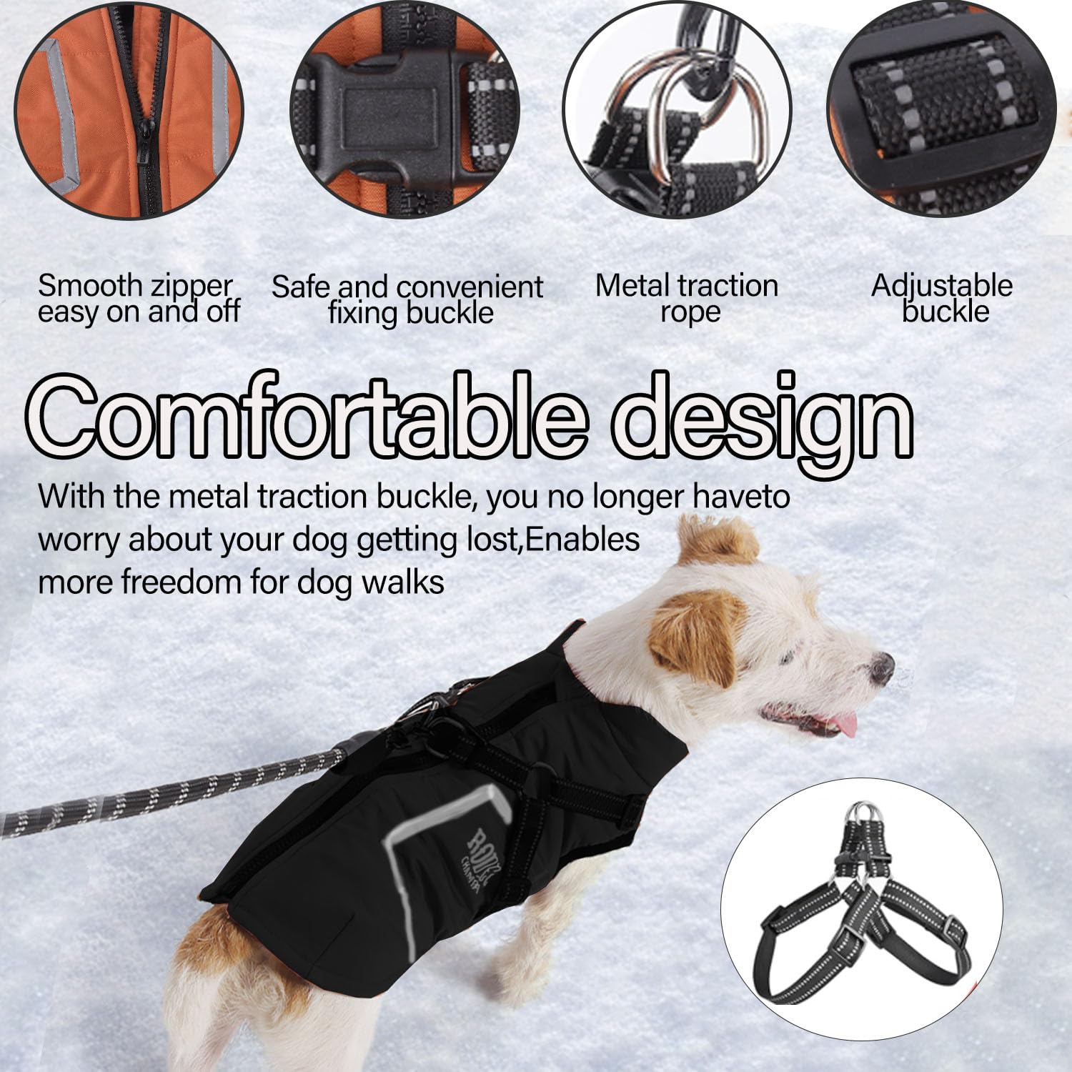 ZoneYan Hondenjas met harnas, instelbaar, waterdicht en warm, voor kleine honden, reflecterende winterjas, winddicht, vest voor honden (oranje, M