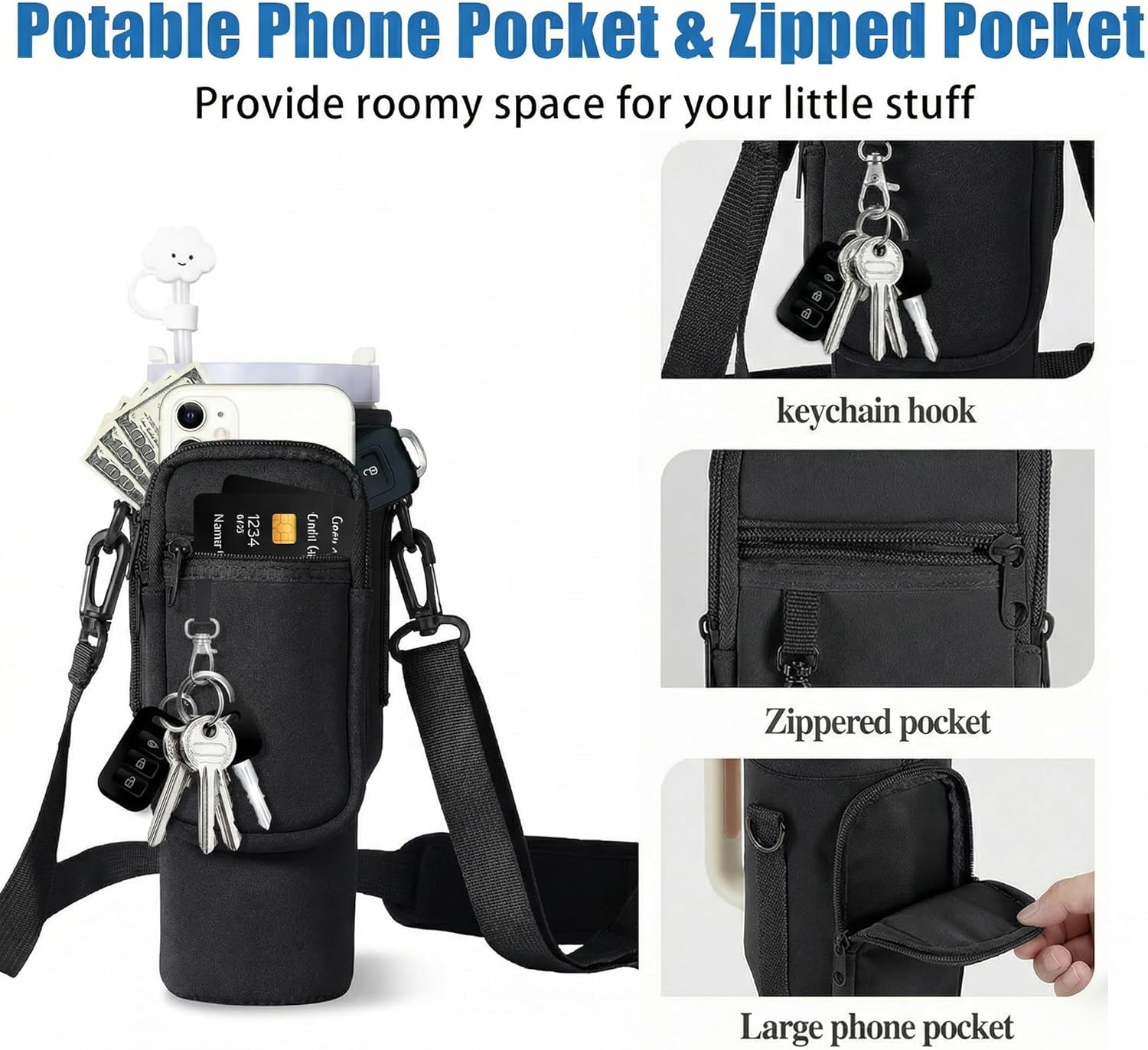 Water Bottle Carrier Bag for Stanley 40 oz Tumbler with Handle Adjustable Strap Sling Crossbody Bag with Phone Pocket Quencher H2.0 Stanley Cup Holder Pouch for Hiking Gym Accessories