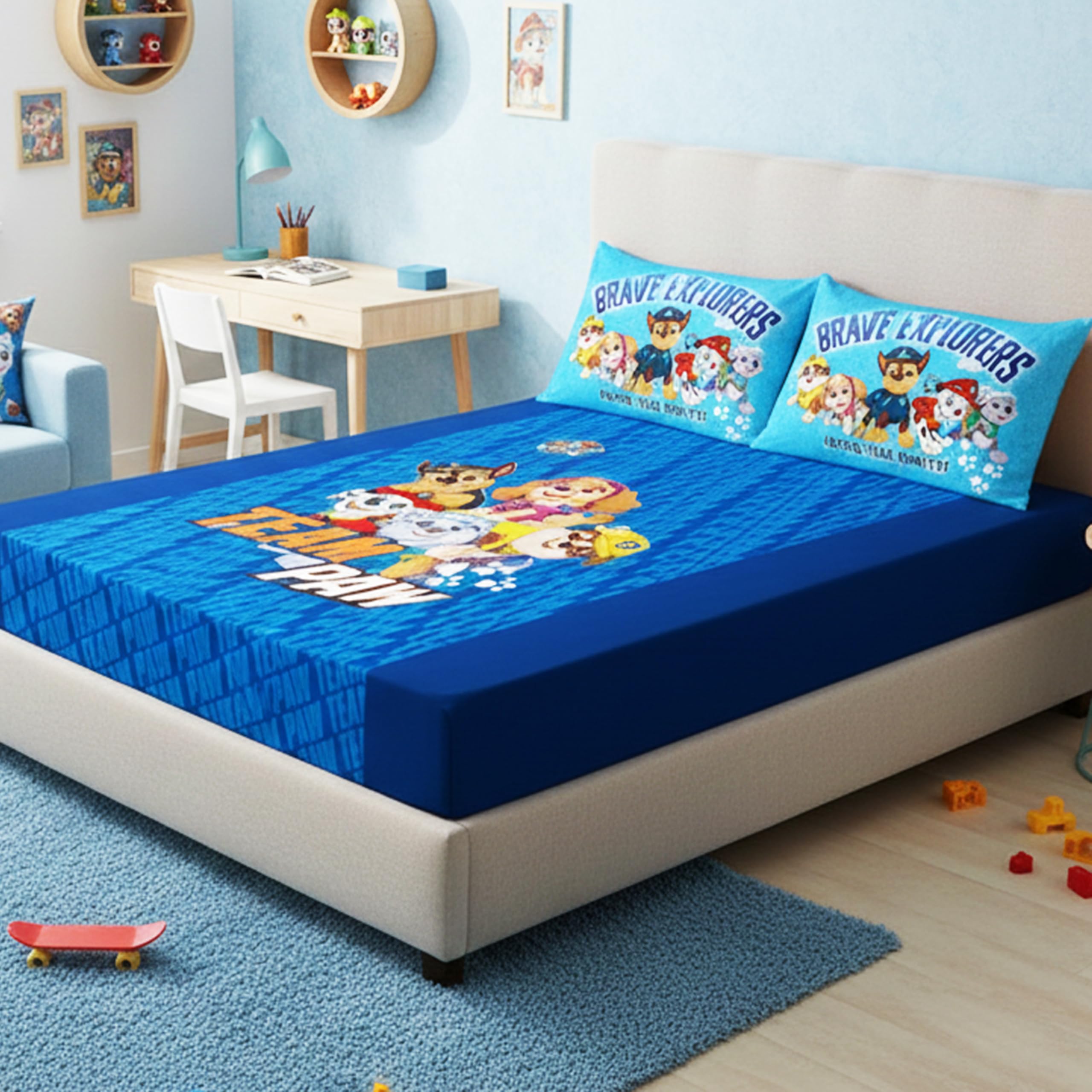 Athom Living Paw Patrol – Blue Themed Cotton Double Bedsheet Set with 2 Matching Pillow Cover, Premium Soft Fabric, Vibrant Designs, Perfect for Kids Bedroom, Easy Wash & Durable | 270x270 cm 1