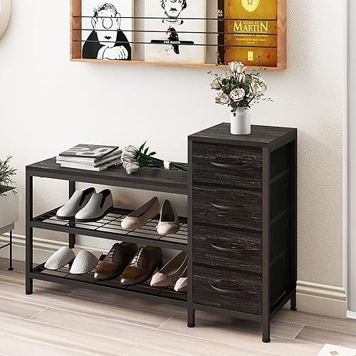 Miniatura 2 de EXOTICA Banco de almacenamiento de zapatos de 3 niveles con 4 cajones de tela, marco de metal y tabla de madera, zapatero con asiento para entrada,