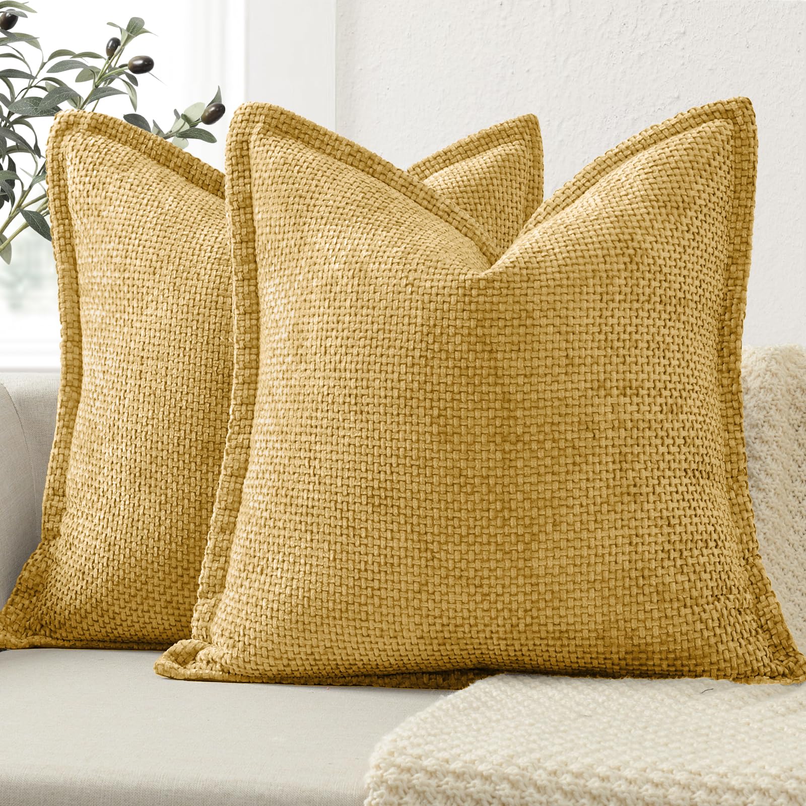 ZWJD Soft Chenille Cushion Covers 40x40 2 Pack, Decorative Cushions with Pressed Edge Design, Yellow Luxury Home Decor Pillow Covers for Sofa, Couch, Bed, Living Room & Bedroom Modern Home Décor — image 1