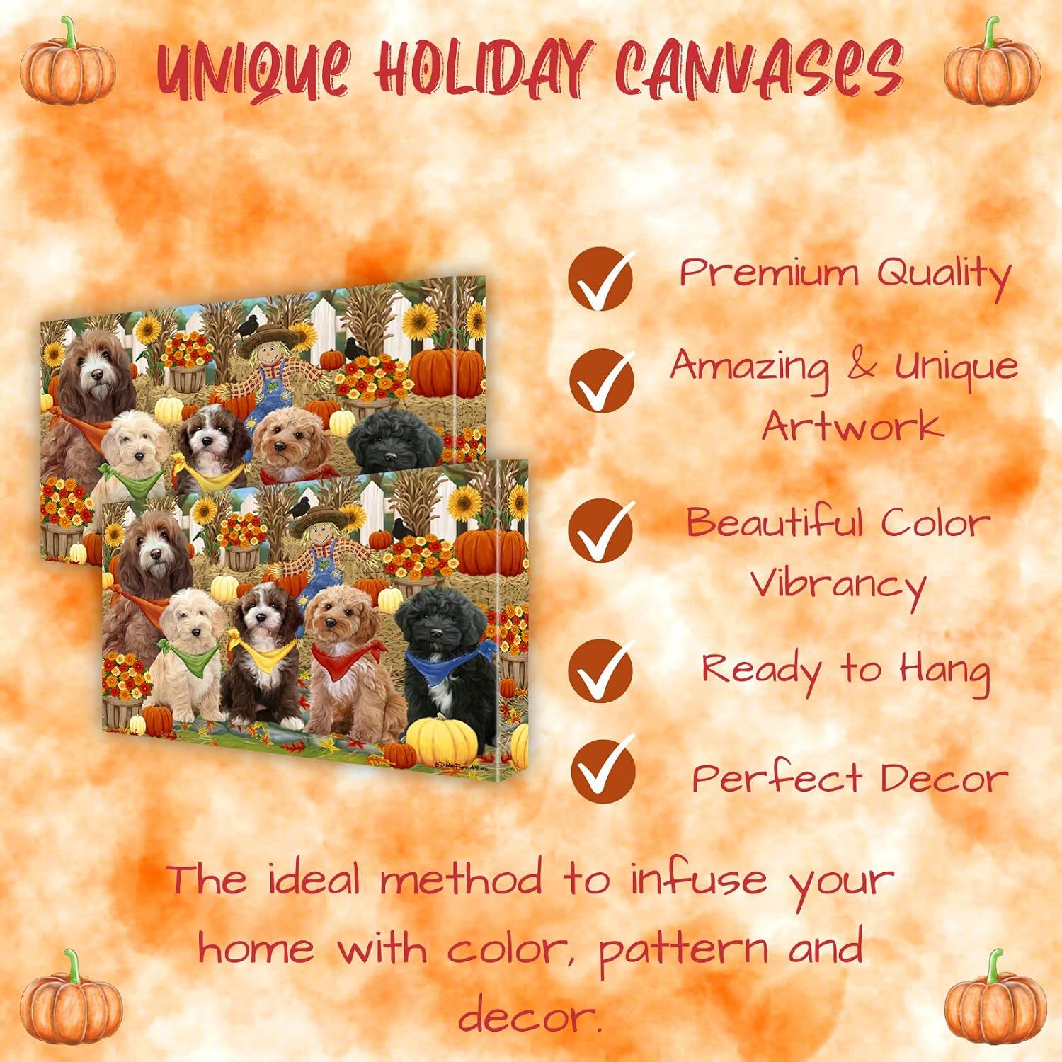 Fall Festival with Cockapoo Dogs Canvas Wall Art - Premium Quality Ready to Hang Room Decor - Pecan Floating Framed 16" x 24"