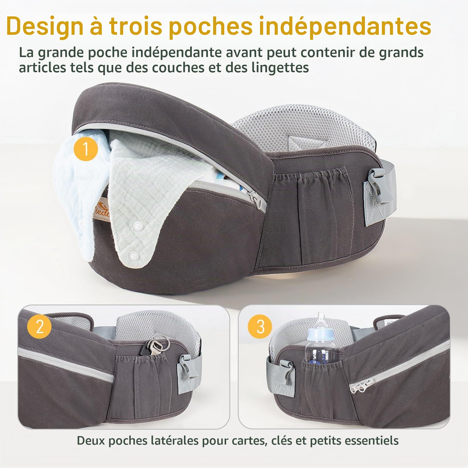 Viedouce Porte Bébé Hanche Ergonomique, Tabouret Siège de Hanche pour Nourrissons et Enfants, Multi Positions, Ceinture de Sécurité de 4-36 Mois （ Gris Foncé）