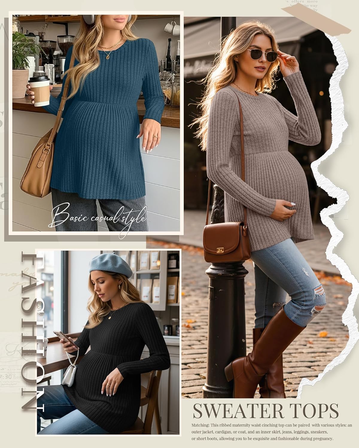 3 Pack Women's Maternity Shirts, Ribbed Long Sleeve Pregnancy Sweaters Tunic Pleated Tops Crew Neck Casual Blouses - Image 4