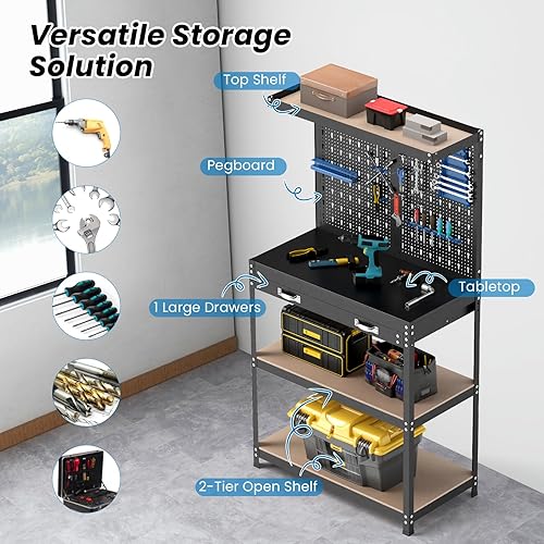 Miniatura 2 de Goplus Banco de trabajo, mesa de trabajo con cajón, tablero de clavijas, accesorios para colgar, espacio de cobertura, banco de almacenamiento de