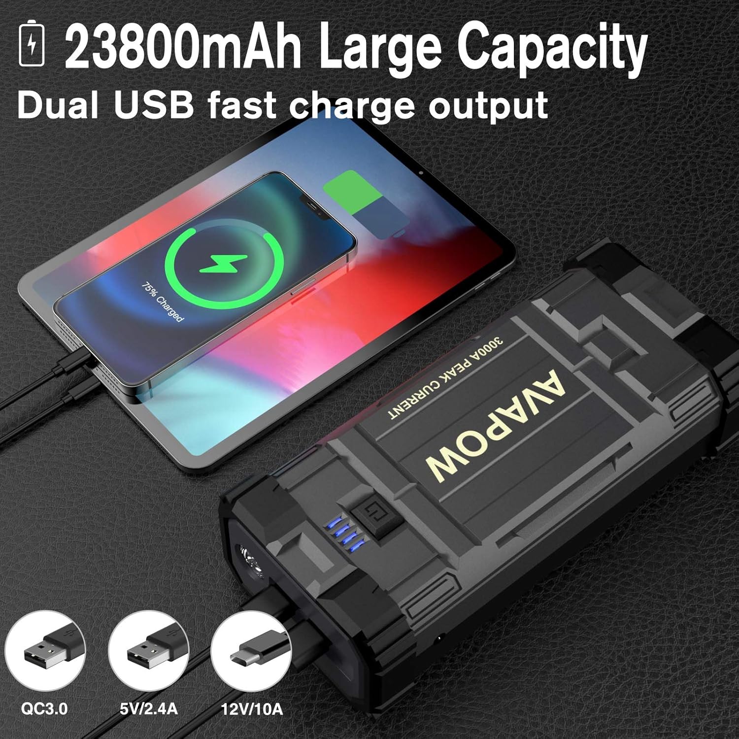 AVAPOW Car Battery Jump Starter Portable,3000A Peak 23800mAh,12V Jump Boxes for Vehicles(Up to 8L Gas/8L Diesel Engine),Auto Battery Booster Jumper Pack with USB QC3.0/LED Light : Automotive