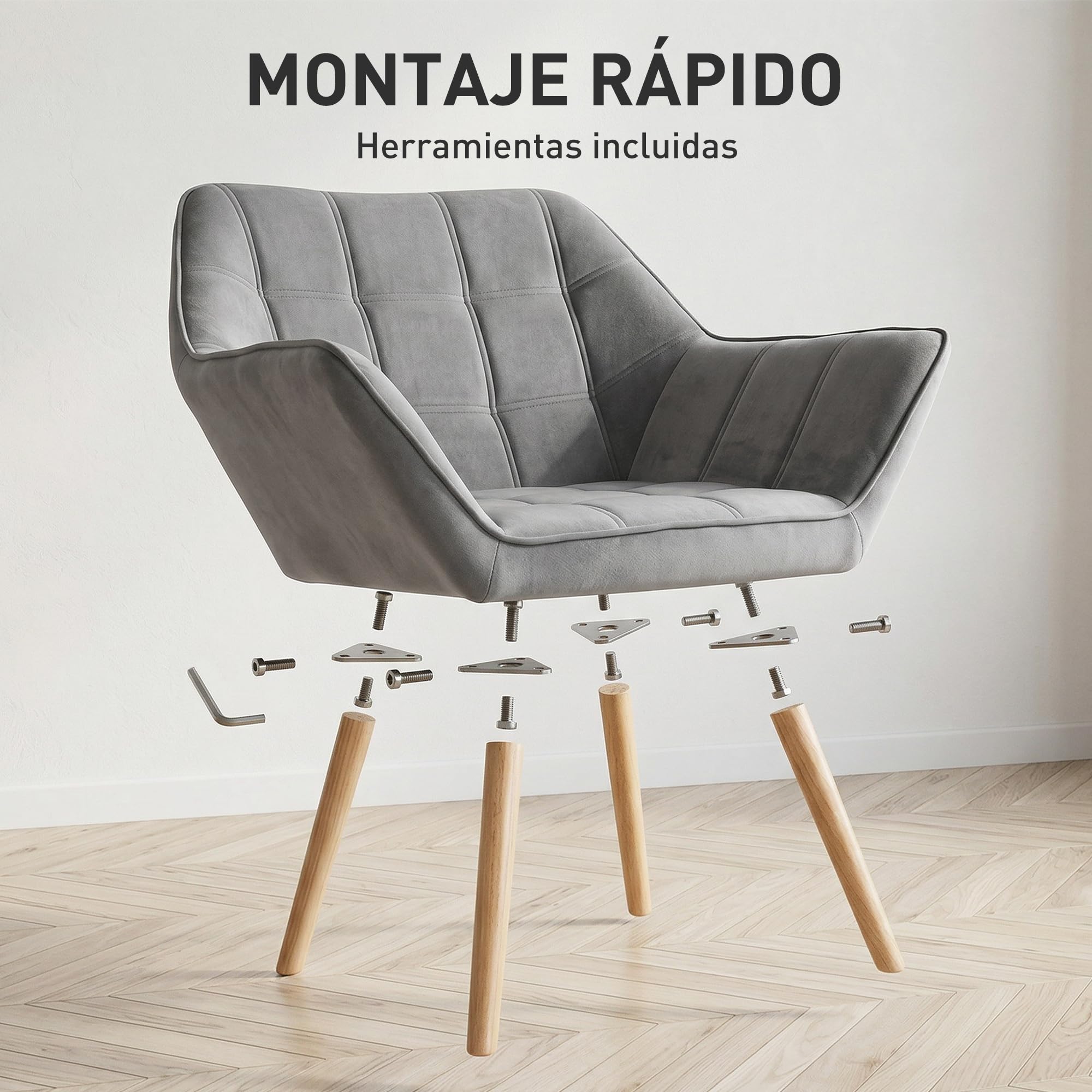 HOMCOM Butaca de Salón Moderna, Sillón Lectura Tapizado en Terciopelo con Patas de Madera, Fácil Montaje, Sillón Relax para Sala de Estar, Dormitorio y Balcón, Gris