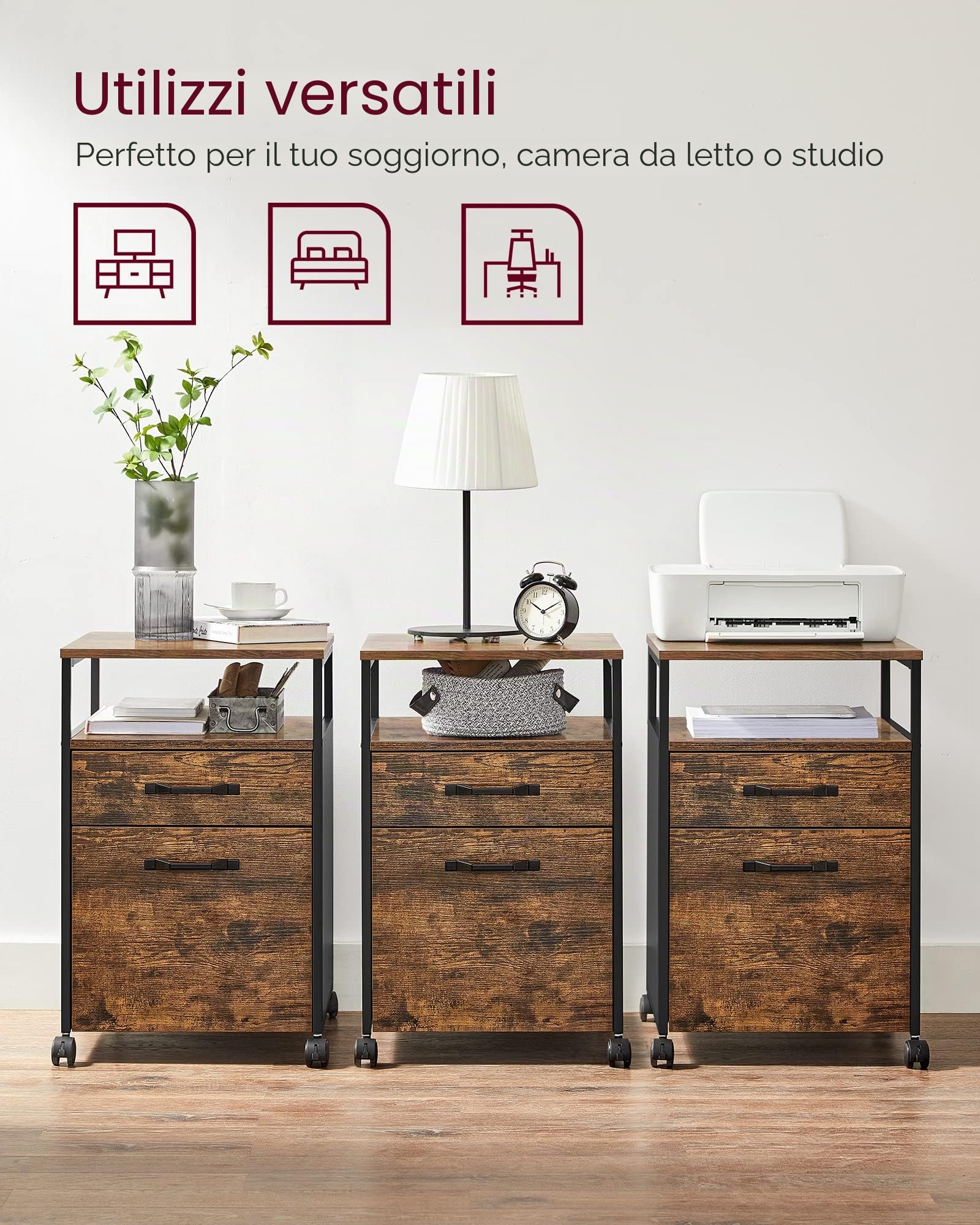 VASAGLE Schedario con 2 Cassetti, Mobile per Ufficio con Ruote, Ripiano Aperto, Struttura in Acciaio, Stile Industriale, Marrone Vintage e Nero Inchiostro OFC71X