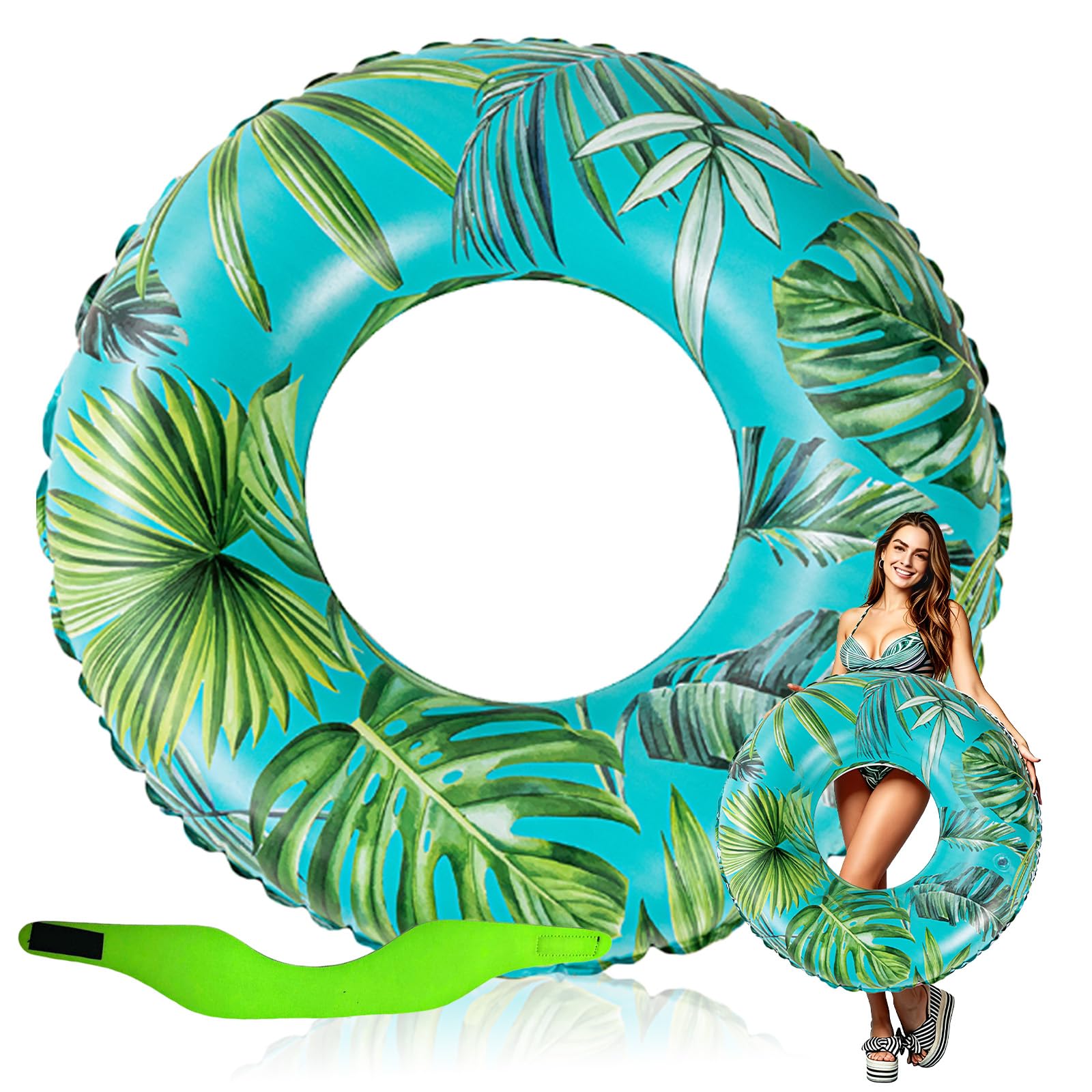 Guittly Swimming Ring Swimming Ear Protection Set, Inflatable Pool Float for Adults Kids, Summer Beach Water Toys Floaties, Large Fun Print Raft for Family Pool Party (Green leaves+Green)