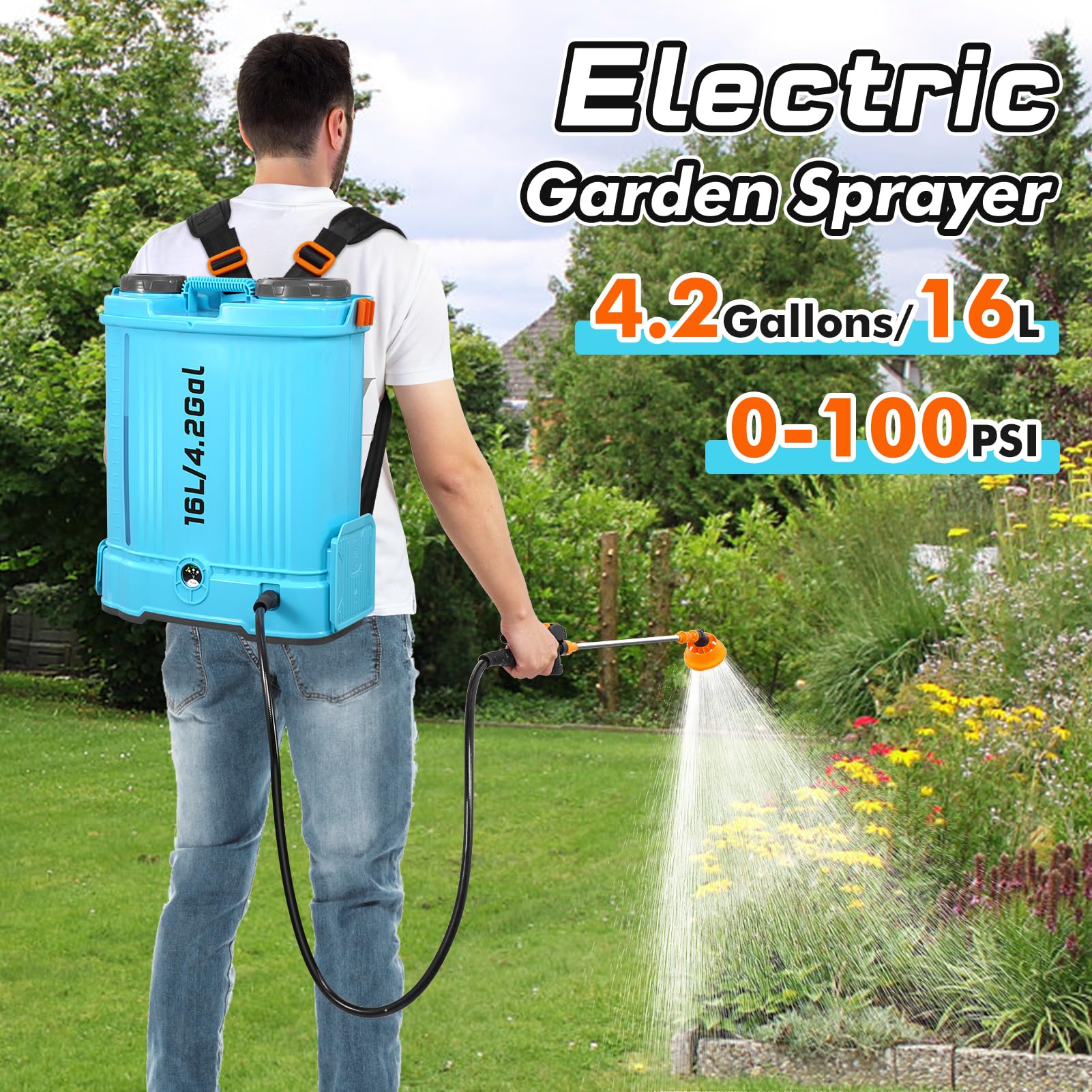 Pulverizador Electrico 16L, 0-100 PSI Pulverizador Mochila Bateria con 7 Boquillas & Caña Telescópica, 2000mAh Batterie, Sulfatadora Electrica a Bateria para Césped Jardín Techo Patio