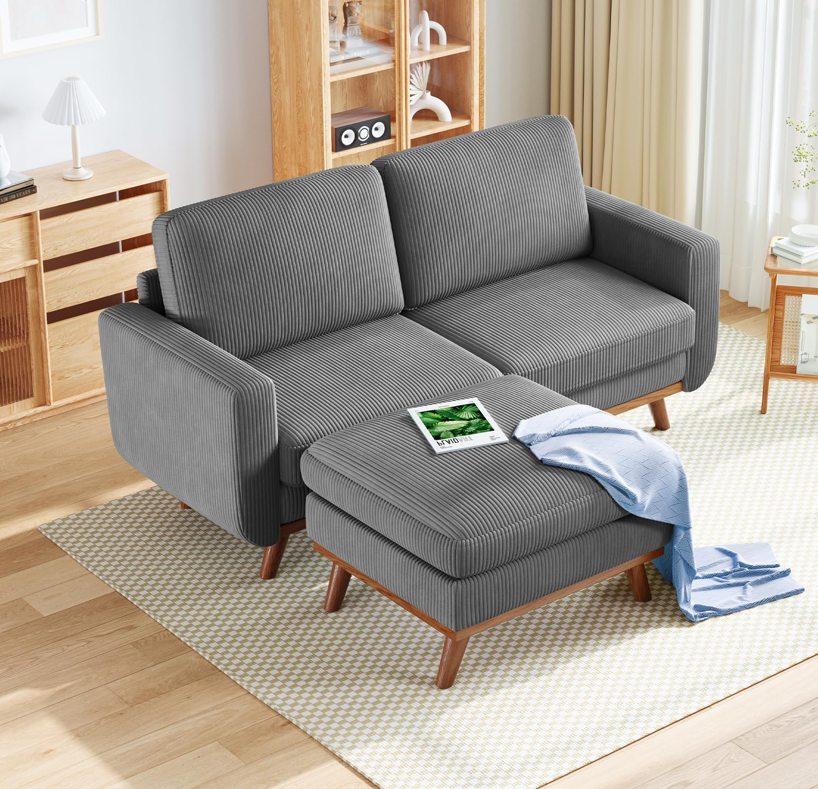 Vesgantti 68" Loveseat Sofa with Movable Ottoman, Comfy Corduroy Couch with Spring Cushion, Sofa Couch with Solid Wood, Modern Office Sofa with Deep