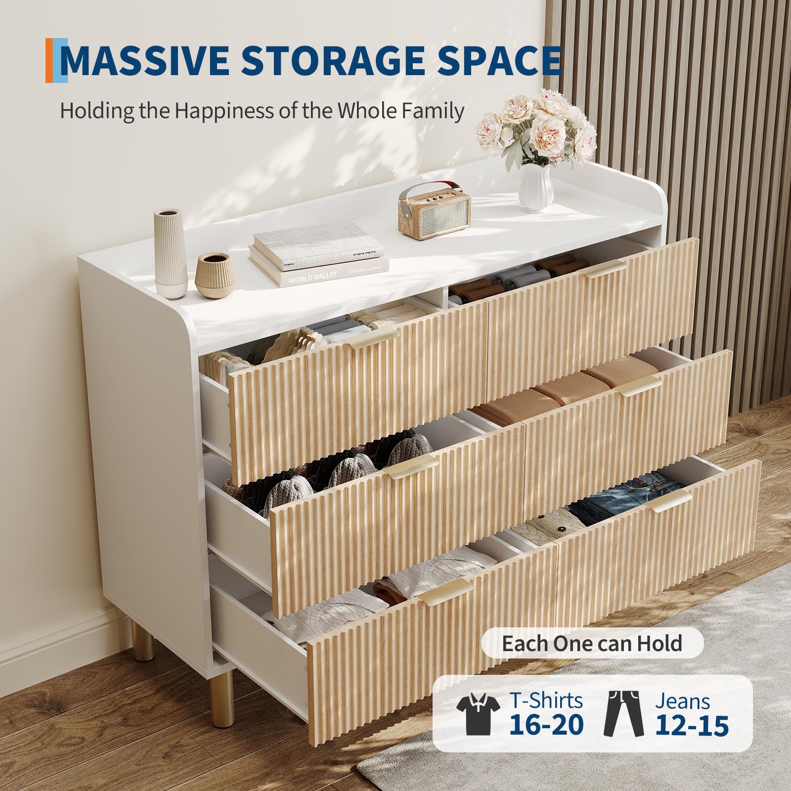Garvee Cassettiera moderna 6 cassetti 120 cm per camera da letto - Comò bianco in legno scanalato, design curvo, maniglie e gambe in metallo dorato - Colore: Bianco + venatura legno naturale