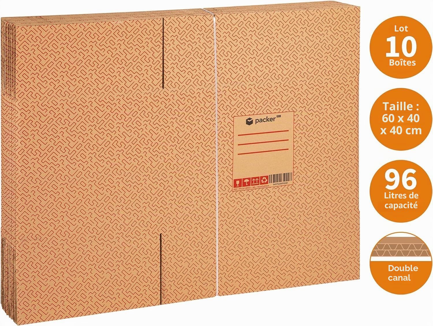 packer PRO Lot de 10 Boîtes en Carton pour Déménagement et Rangement avec Poignées, Carton Ultra Résistant, 600 x 400 x 400 mm