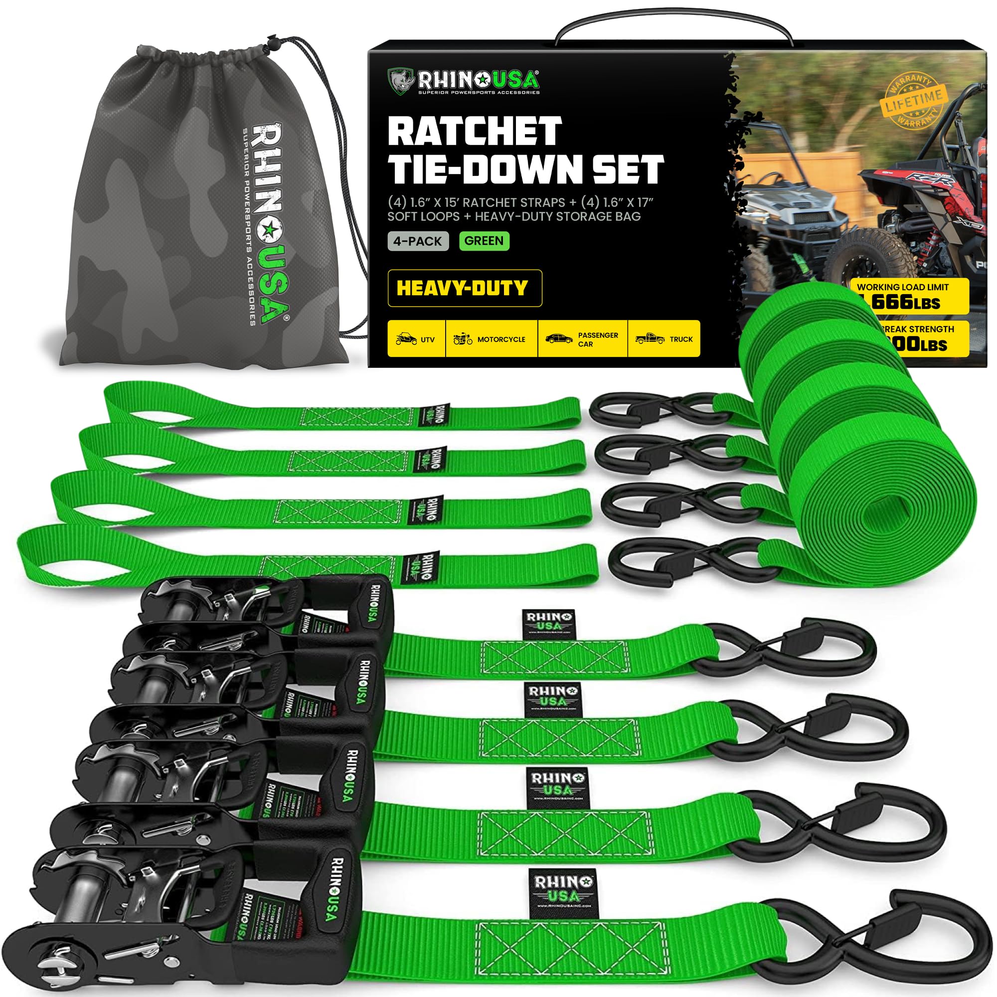 Rhino USA Heavy Duty Ratchet Tie Downs (4-Pack) - 1.6in x 15ft, 5,000lb